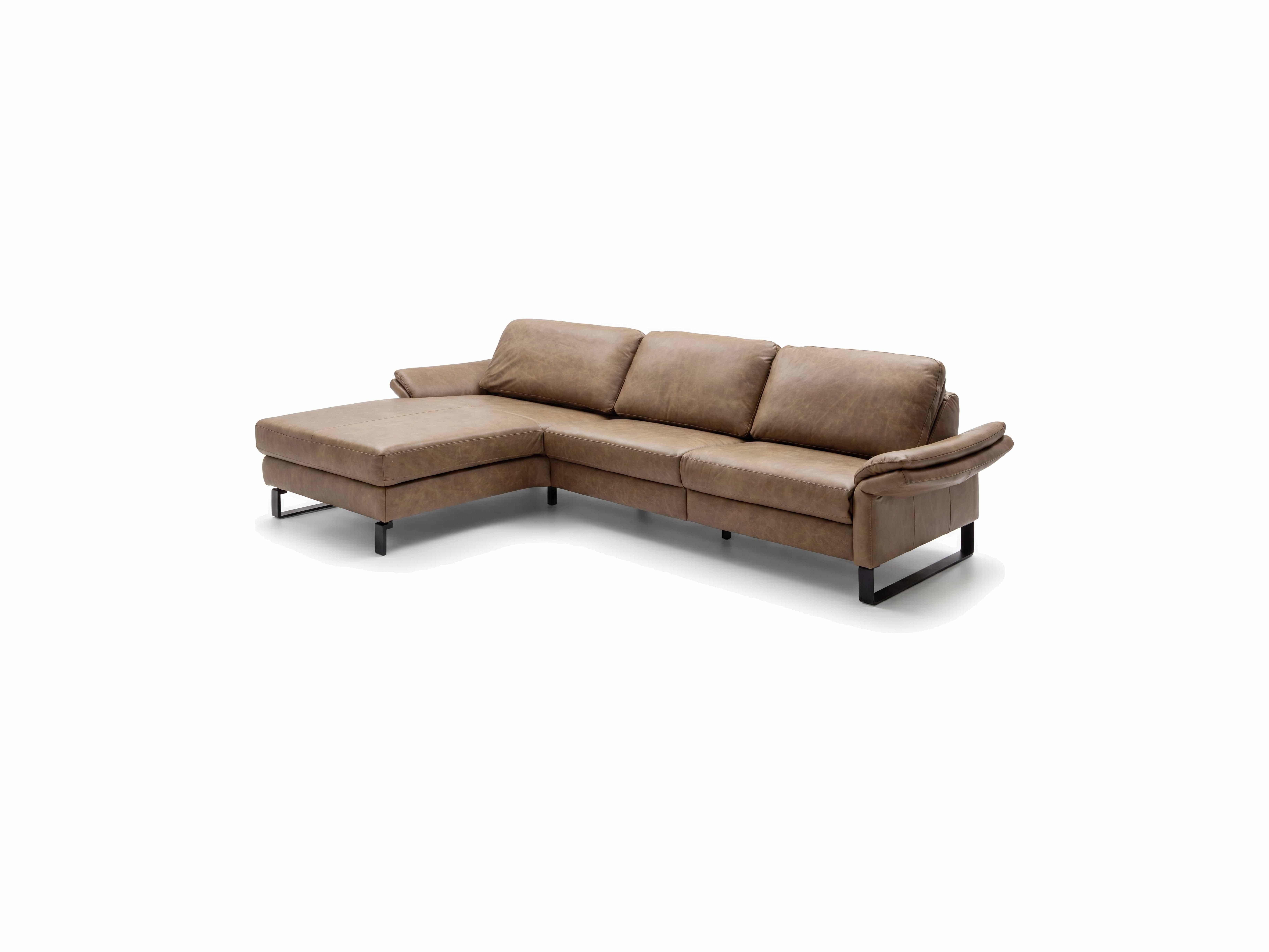Ecksofa Kabs Polsterwelt mit braunem Lederbezug, breiter Ottomane, Armlehnen, schwarzes Gestell