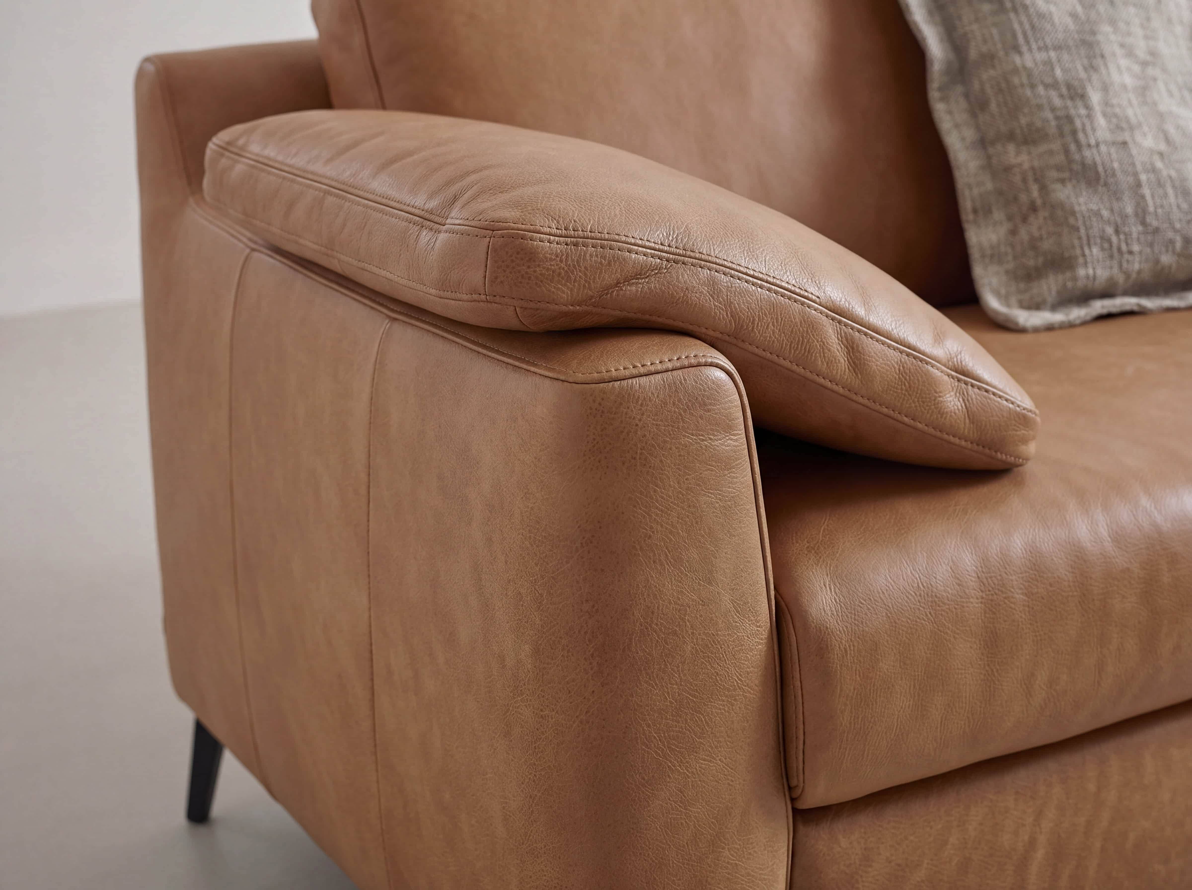 Ecksofa Kabs Polsterwelt mit cognacfarbenem Lederbezug, gepolsterte Armlehne, schwarze Füße