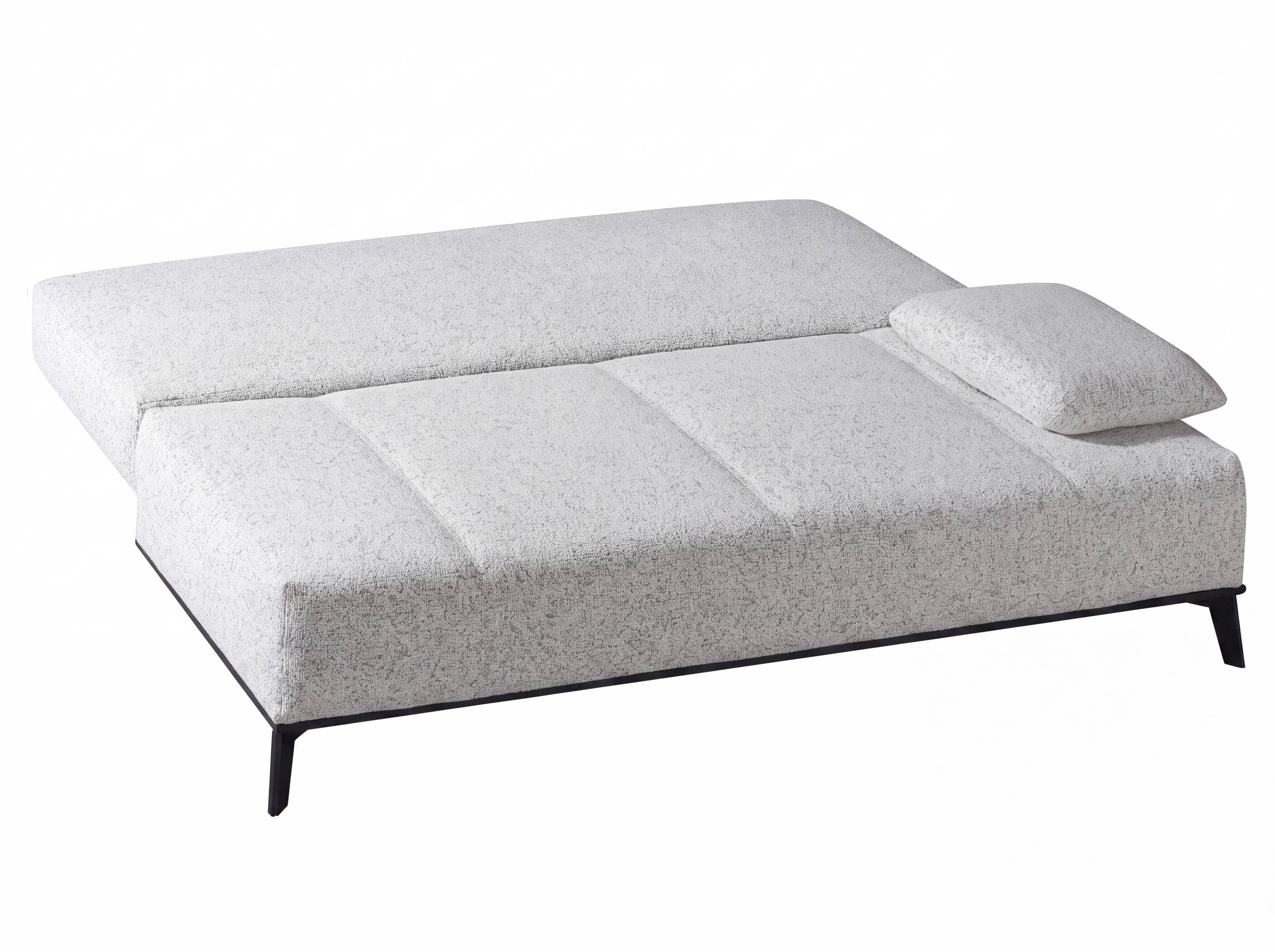 Schlafsofa in heller Stoffoptik mit schwarzem Metallgestell, rechteckig, ohne Armlehnen, inklusive Kissen
