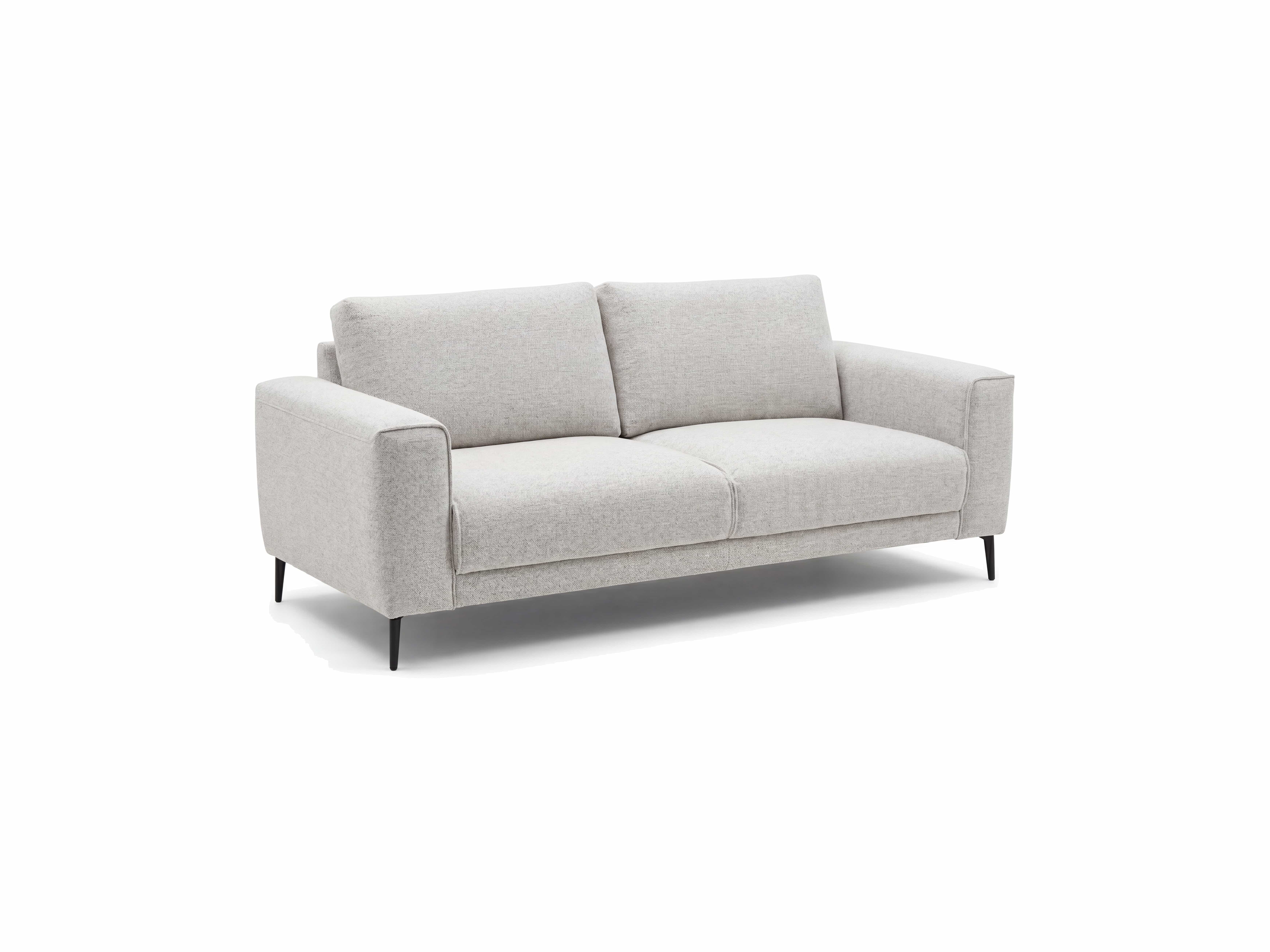 2-Sitzer Sofa mit hellgrauem Stoffbezug, breiten Armlehnen und schlanken schwarzen Metallfüßen