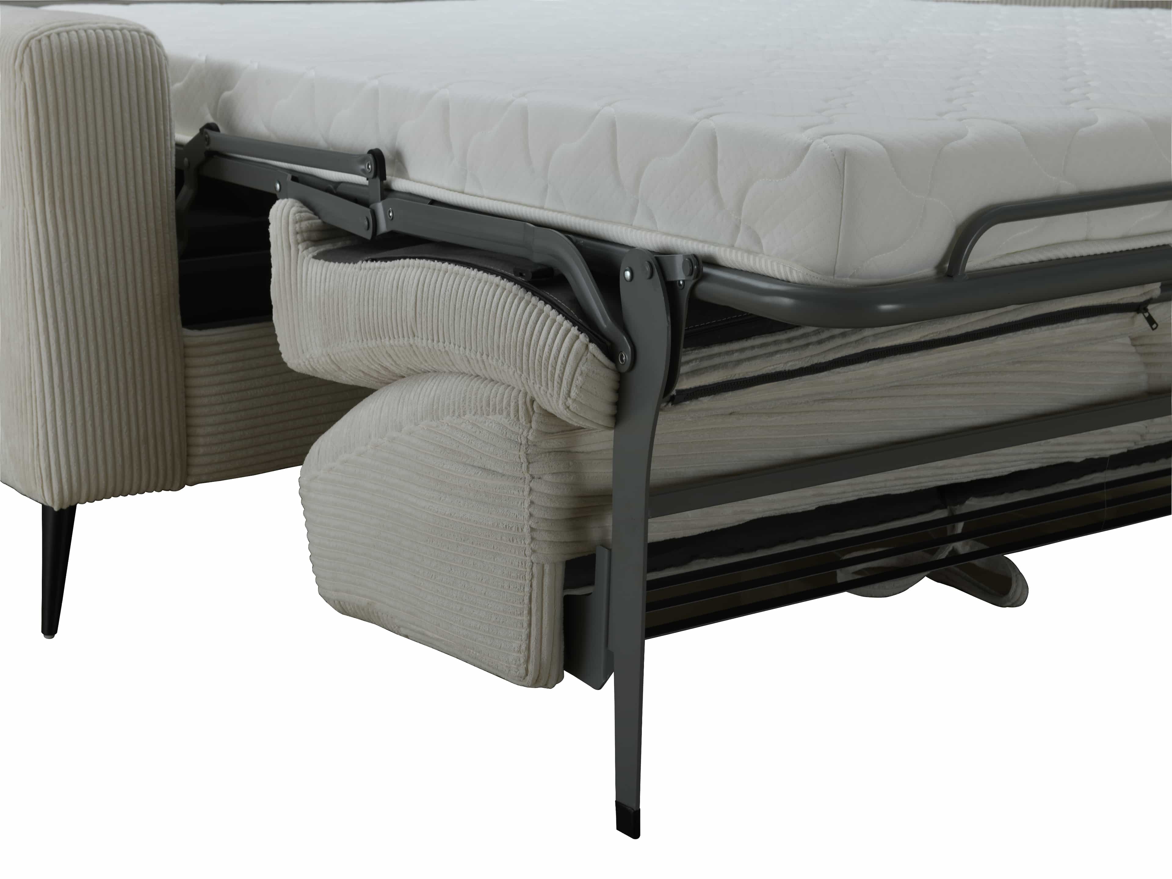 Schlafsofa beige mit Cordbezug und schwarzem Metallgestell, ausgeklappte Schlaffläche sichtbar