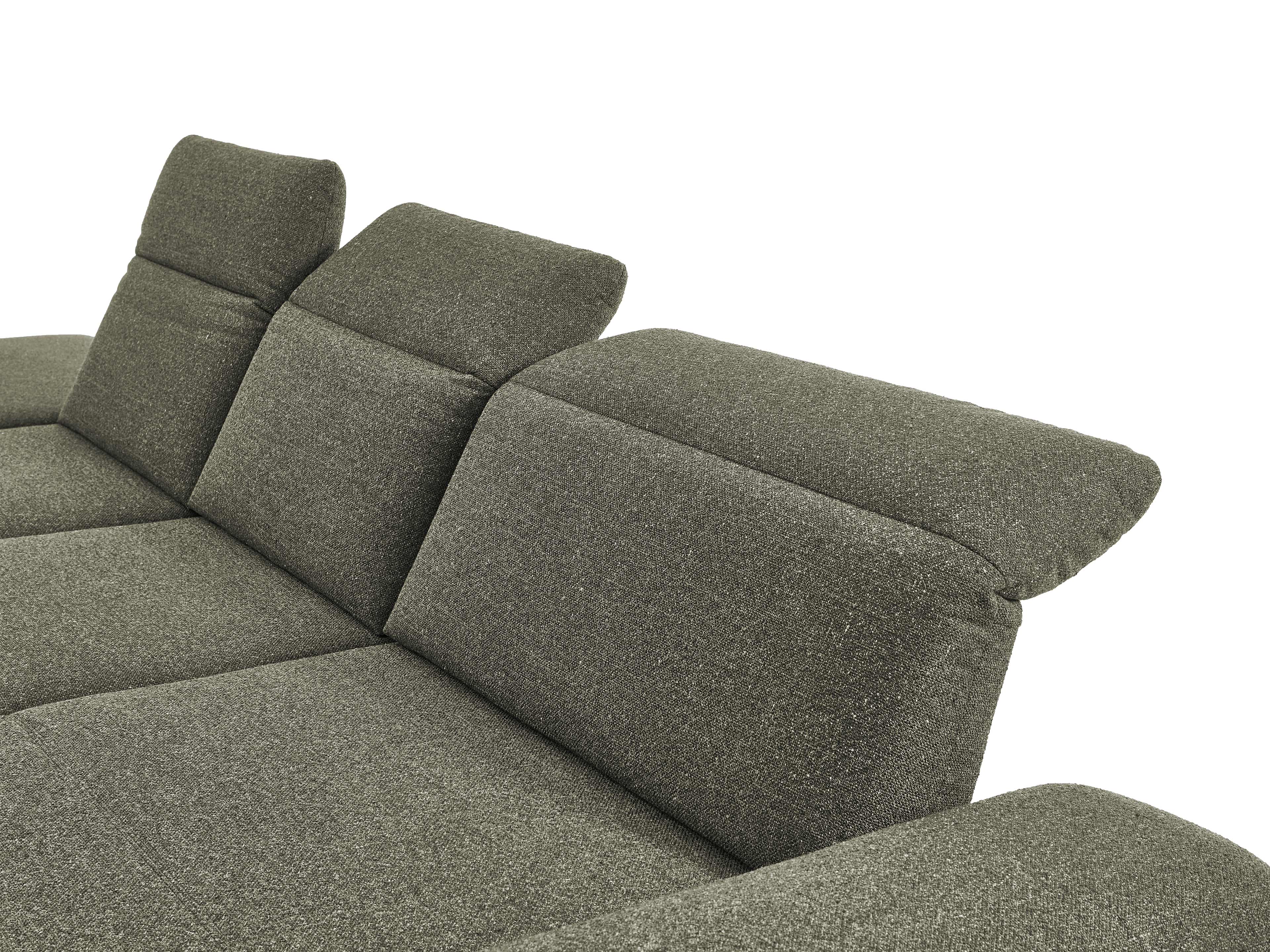 Ecksofa Kabs Polsterwelt aus grauem Stoff mit drei verstellbaren Kopfstützen und gepolsterter Rückenlehne