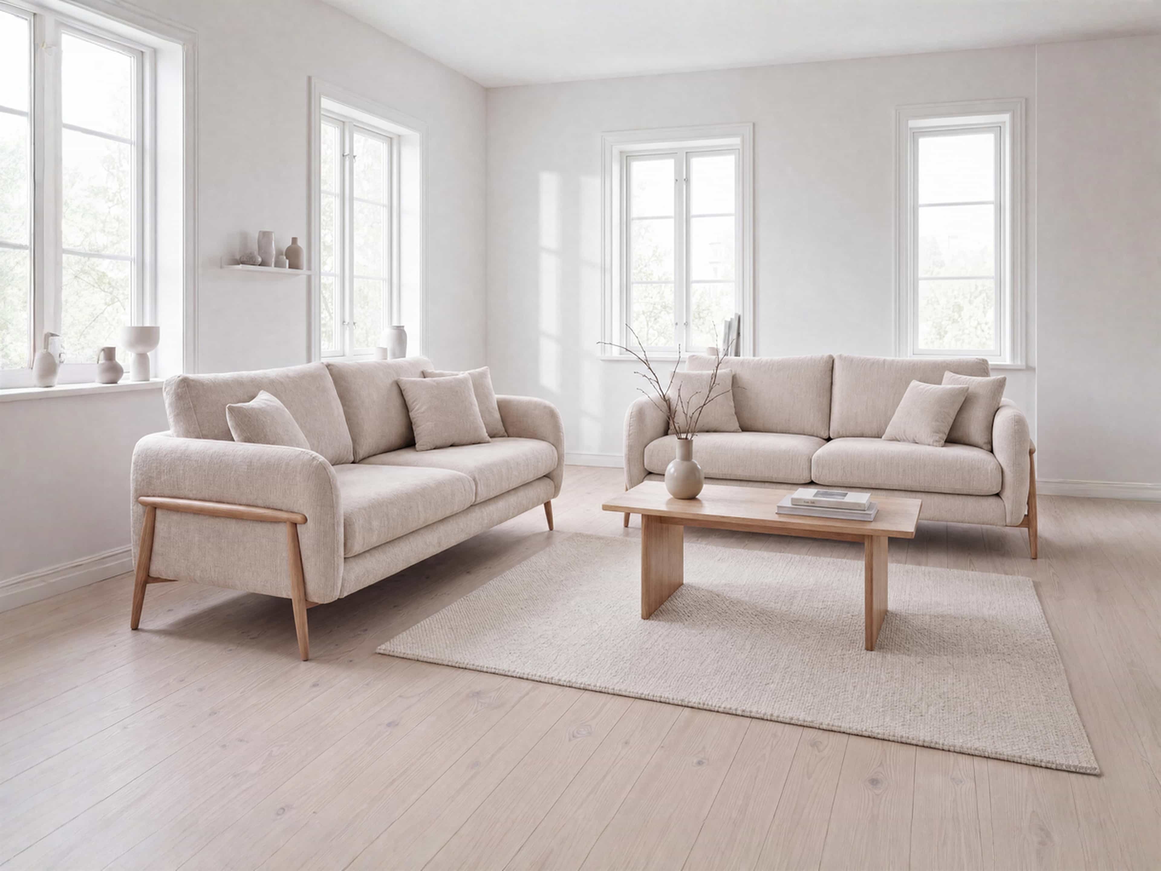 3-Sitzer Sofa Kabs Polsterwelt mit beigefarbenem Stoffbezug, Holzfüßen und gepolsterten Armlehnen