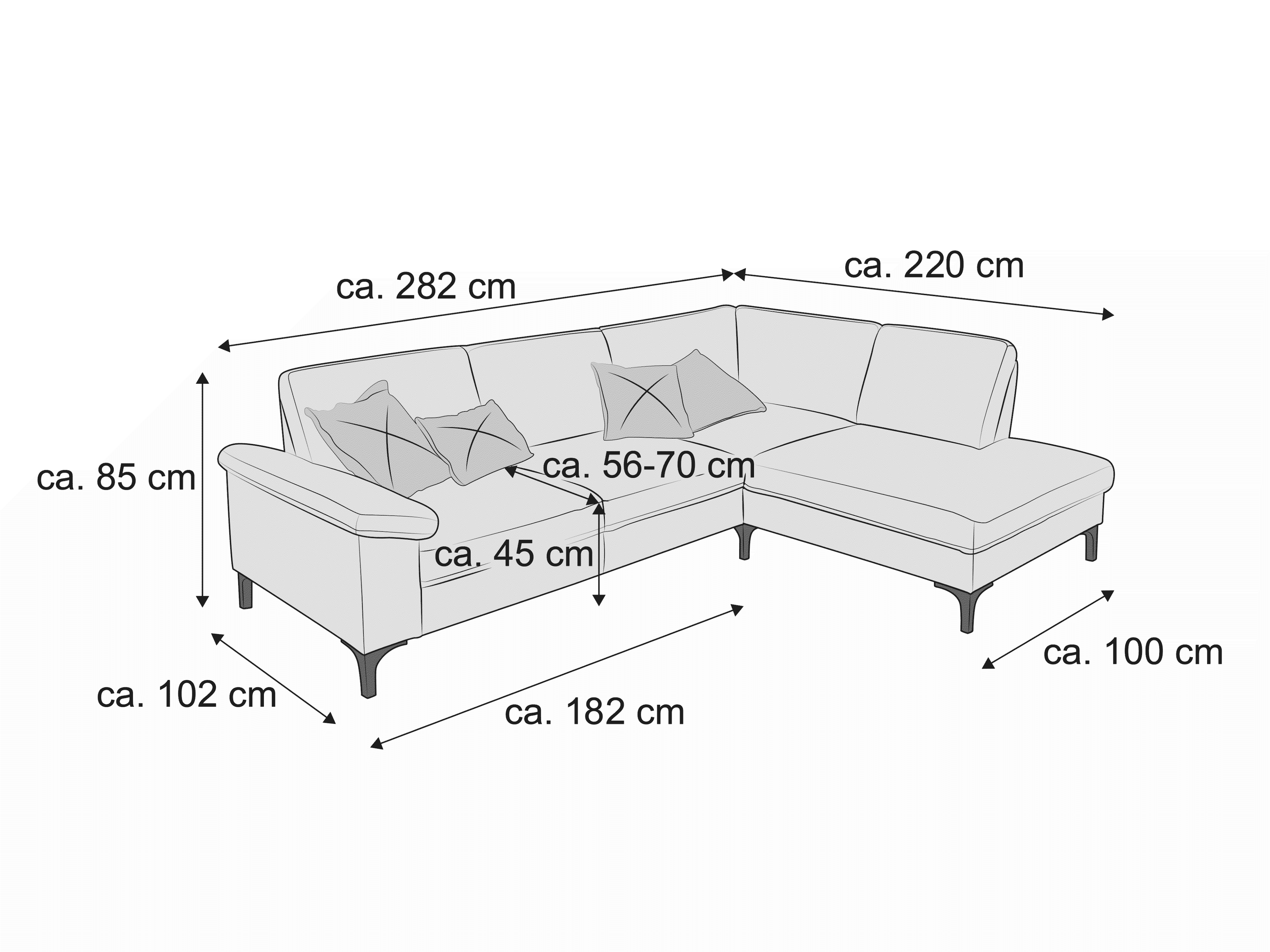 Ecksofa mit Armlehne links, Stoffbezug, drei Rückenkissen, vier Sitzplätze, schlanke Beine