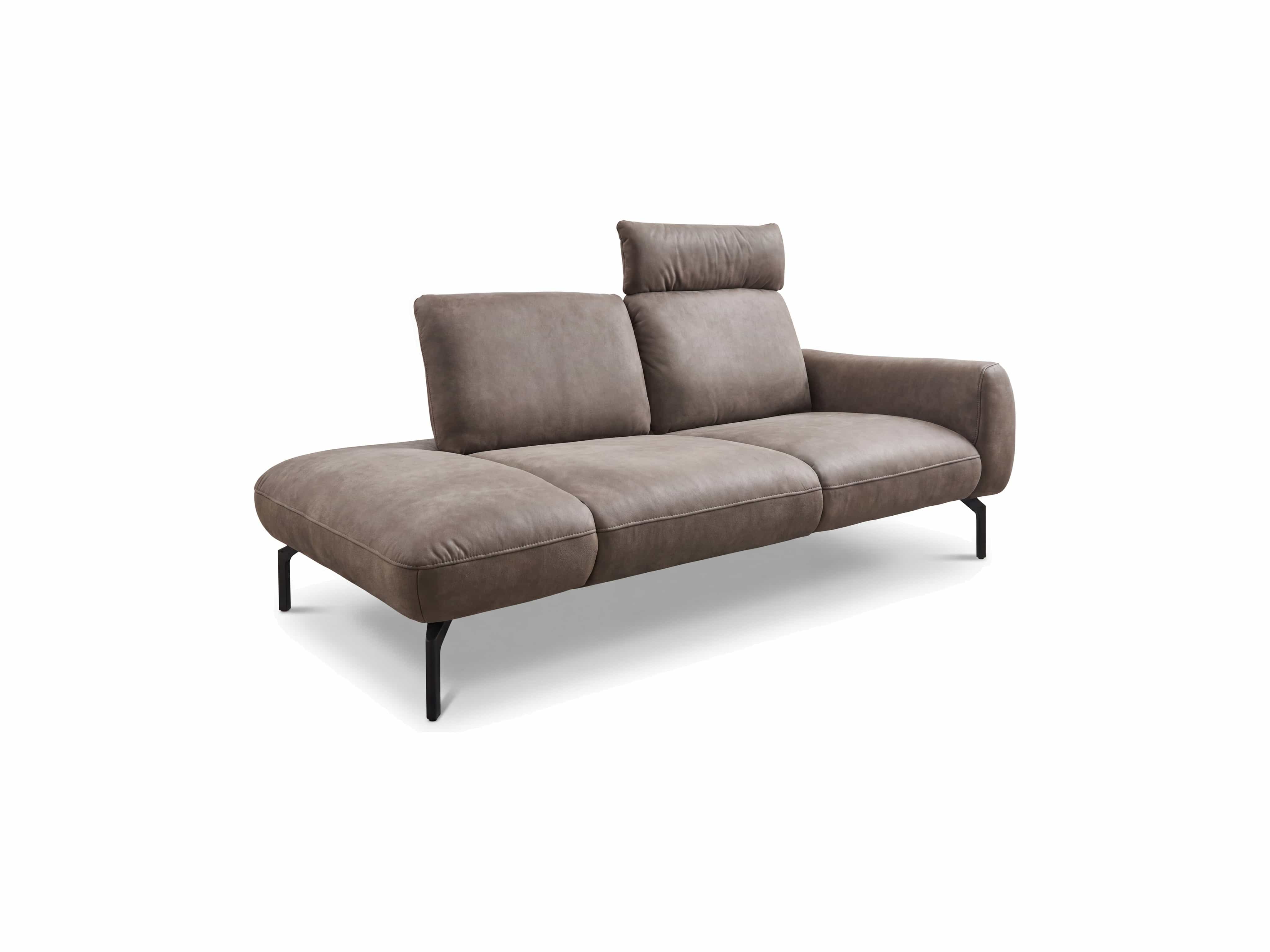 3-Sitzer Sofa Kabs mit braunem Lederbezug, Metallfüßen, Armlehne rechts und verstellbarer Kopfstütze