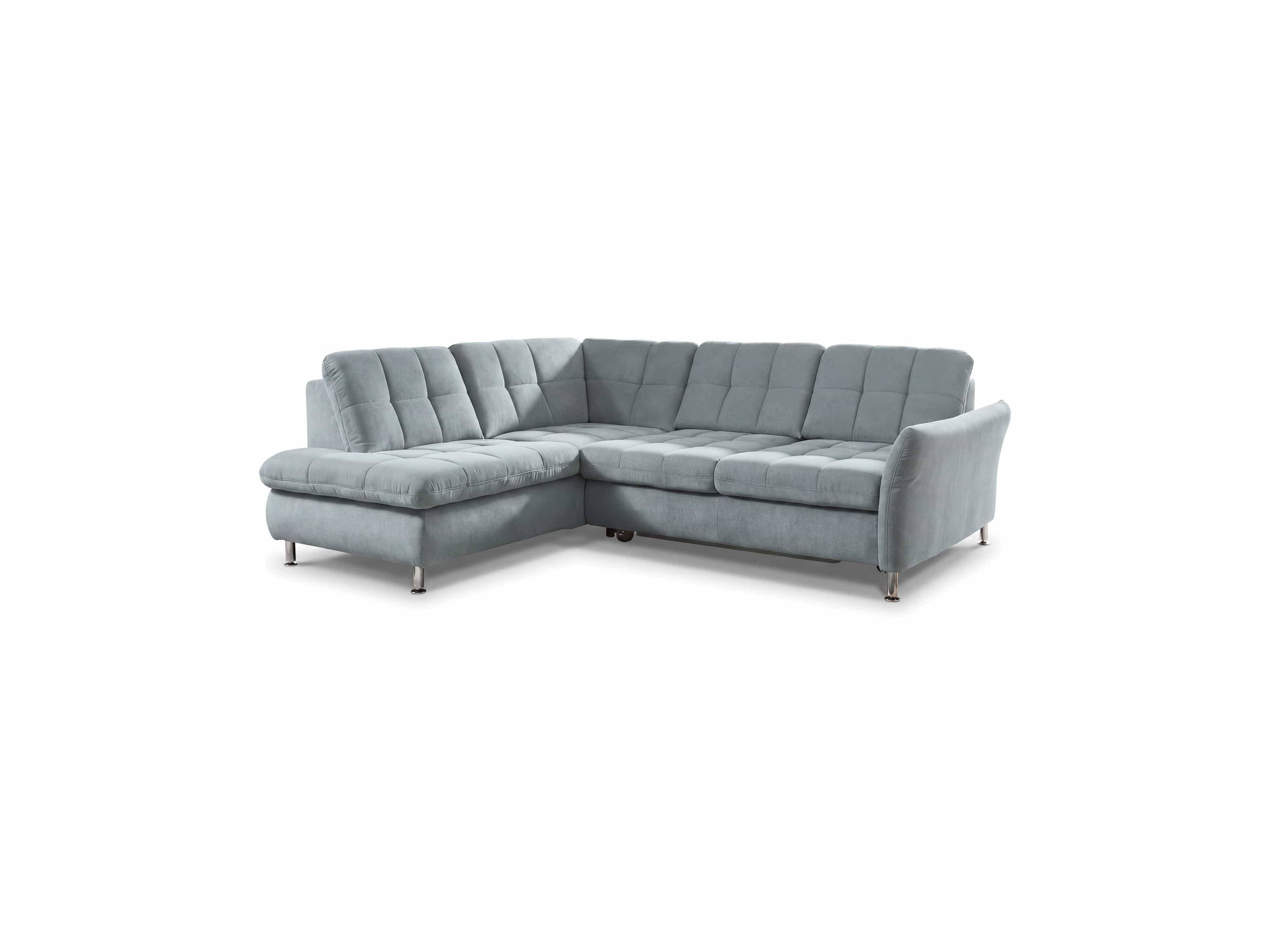 Ecksofa Kabs mit hellgrauem Stoffbezug, gesteppten Sitz- und Rückenflächen, Metallfüßen und Armlehnen