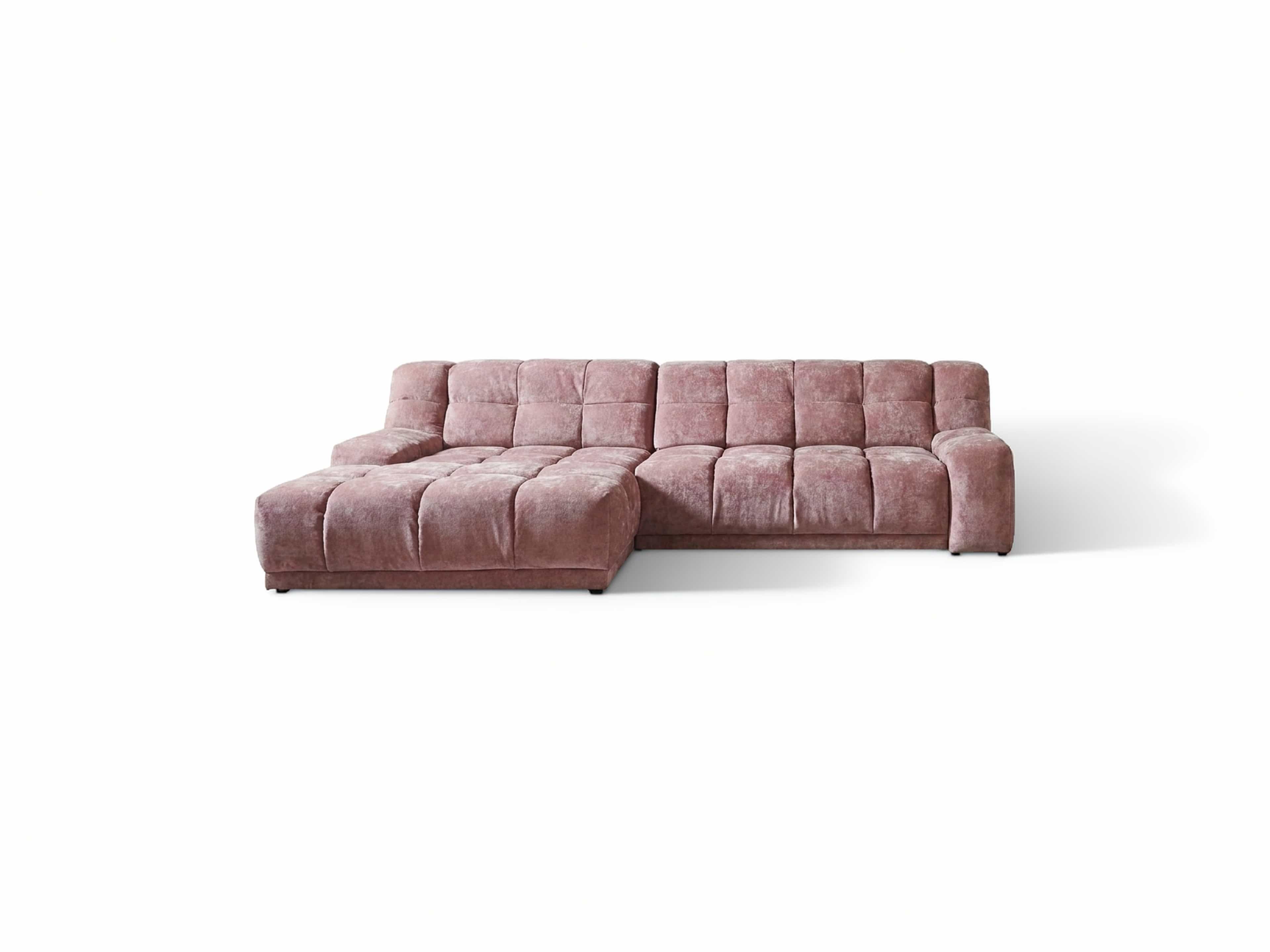 Ecksofa Kabs Polsterwelt mit rosafarbenem Stoffbezug, gepolsterter Sitzfläche und quadratischer Steppung