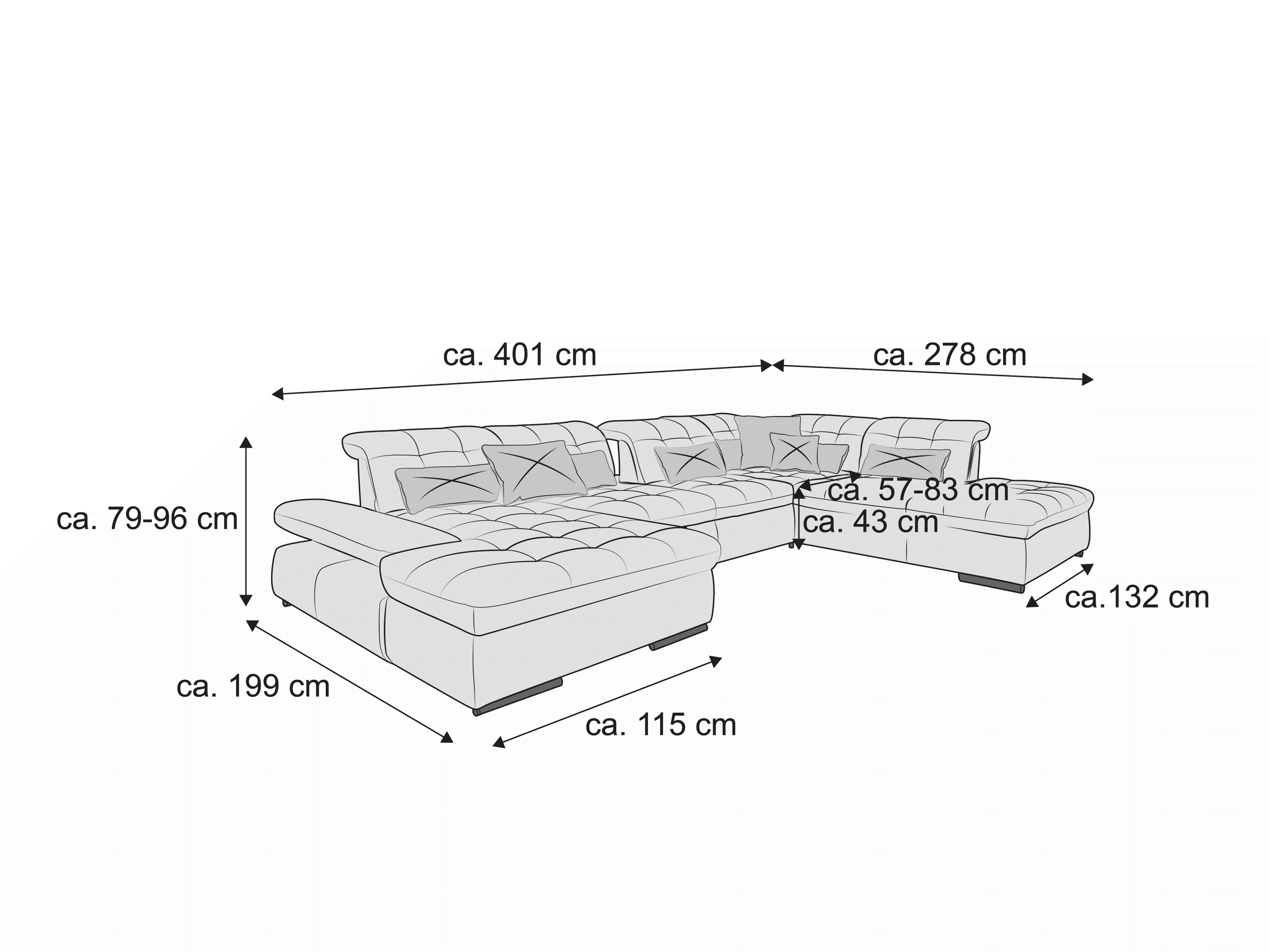 Ecksofa Kabs mit gepolsterten Sitzflächen, verstellbaren Armlehnen und sichtbarer Steppung