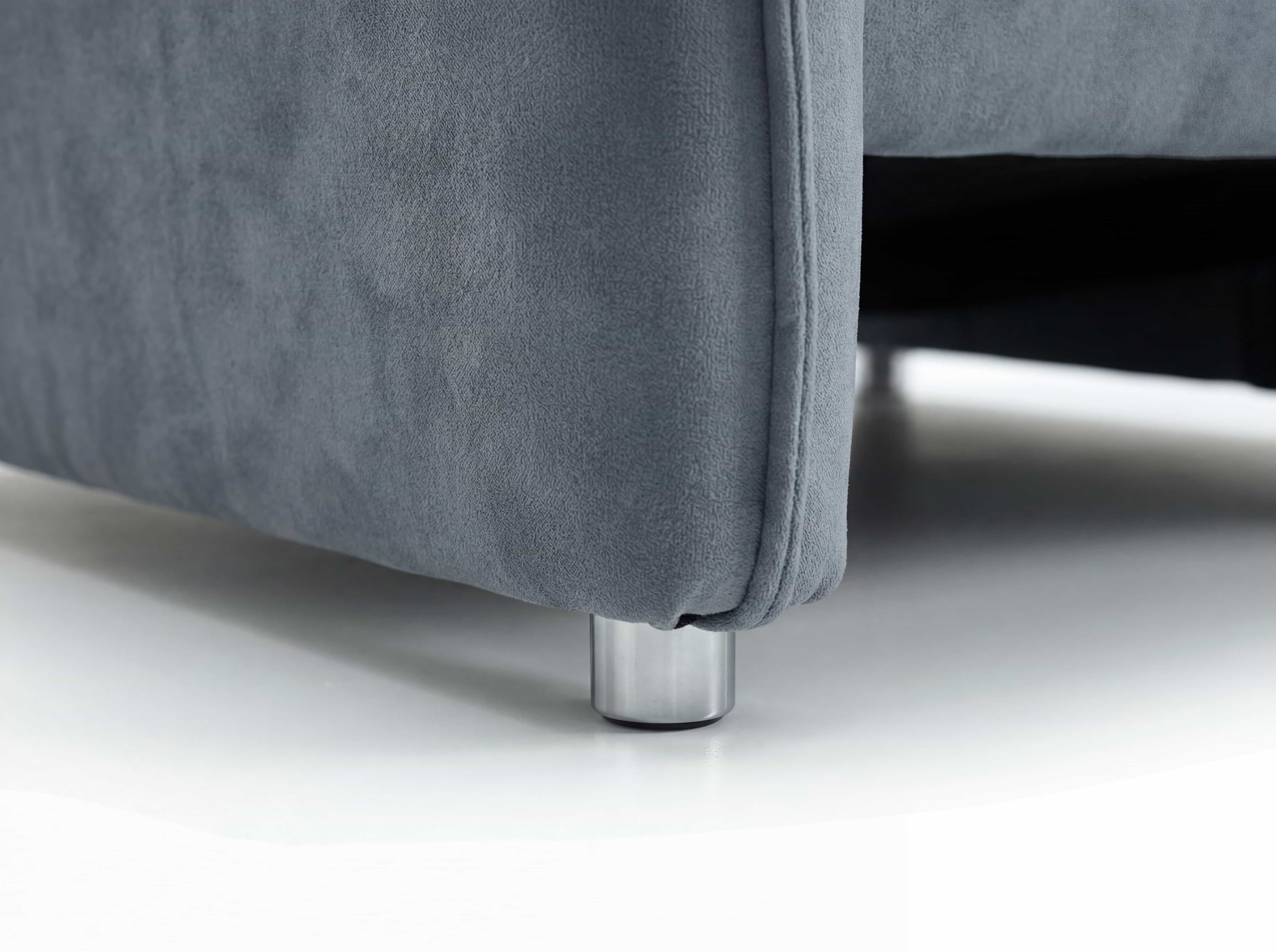 Sofa Ecksofa mit grauem Stoffbezug und zylindrischem Metallfuß, Nahaufnahme des Unterteils