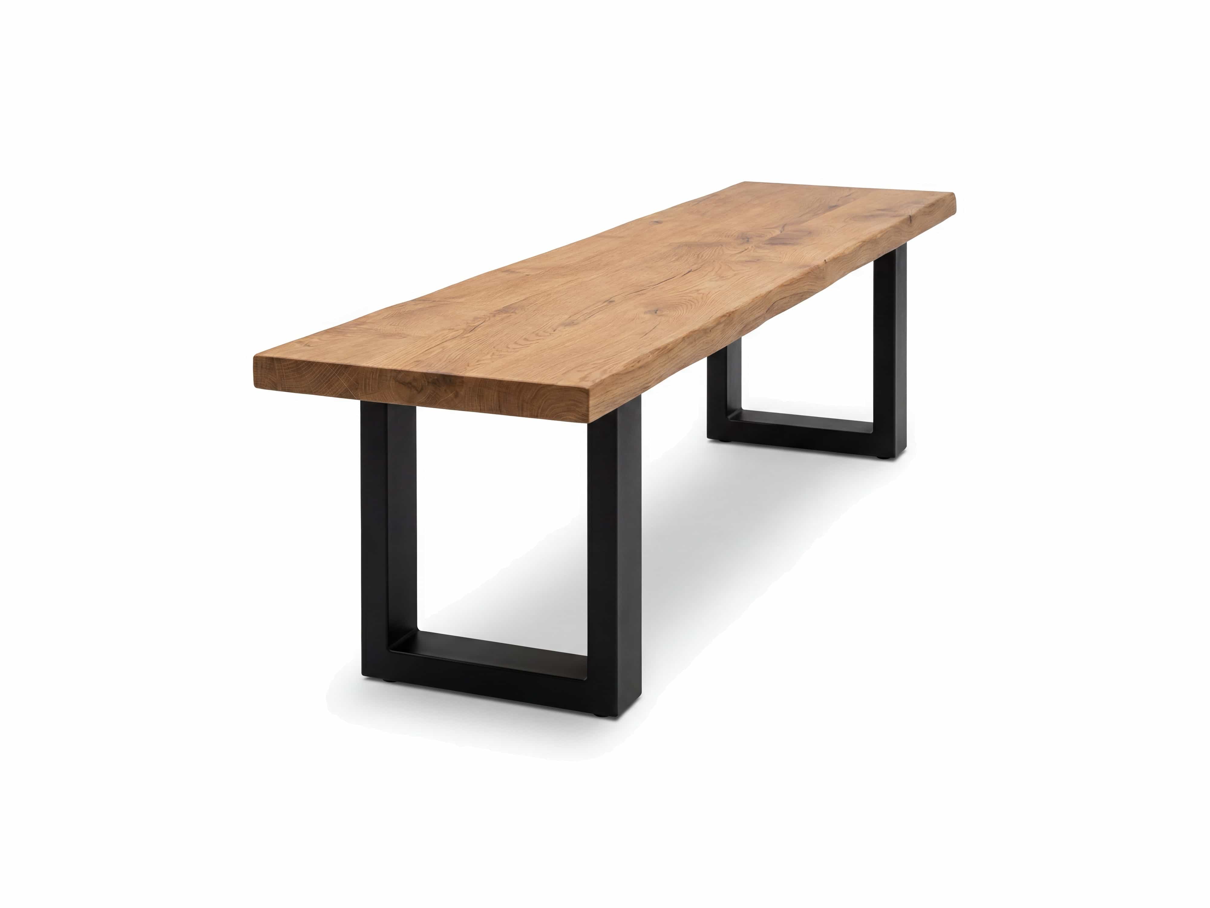 Esszimmerbank mit rechteckiger Sitzfläche aus Massivholz in Eicheoptik und schwarzem Metallgestell