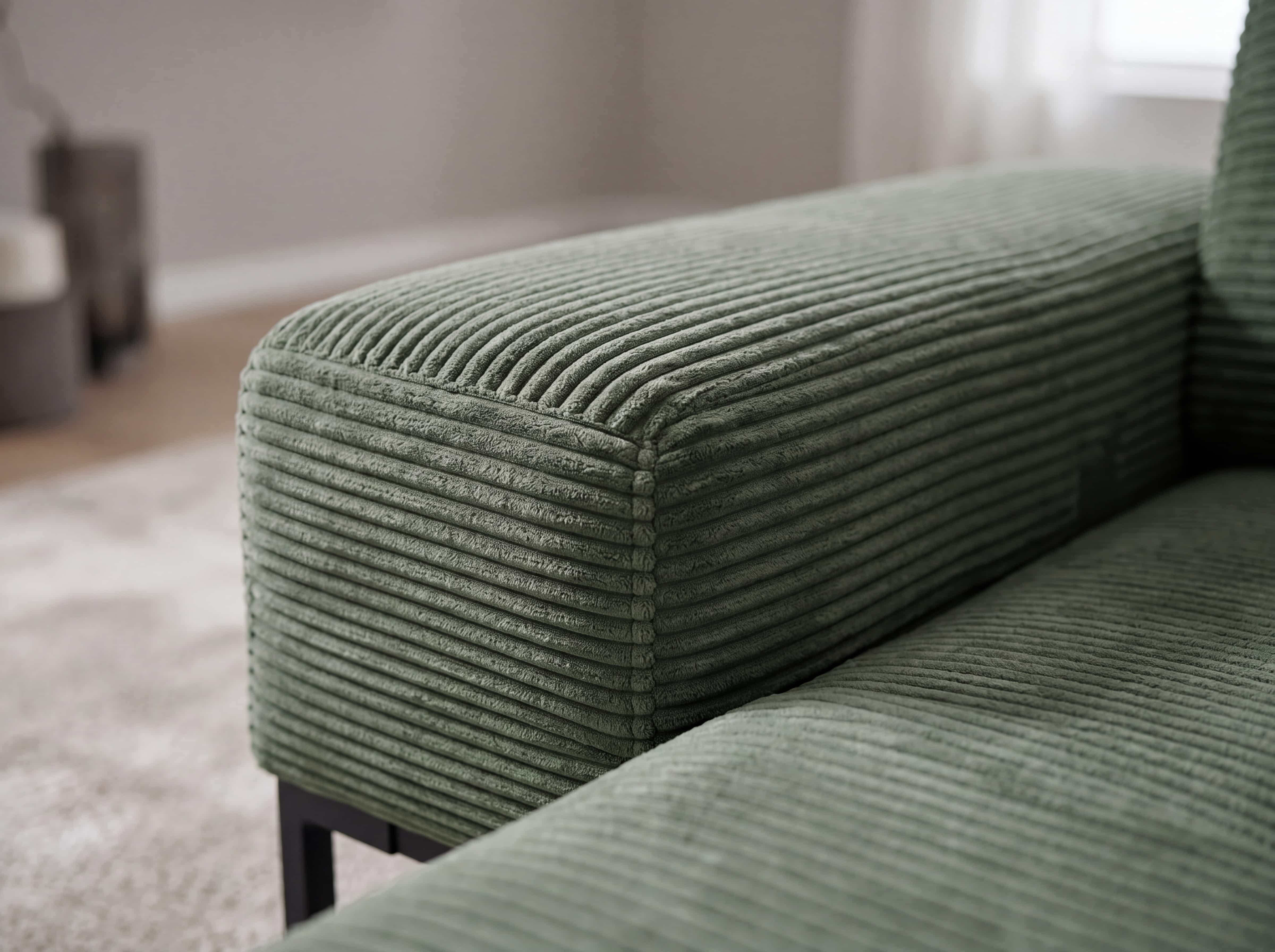 Ecksofa Cordula mit Armlehne, grüner Cordbezug mit breiter Rippenstruktur, Metallfüße sichtbar