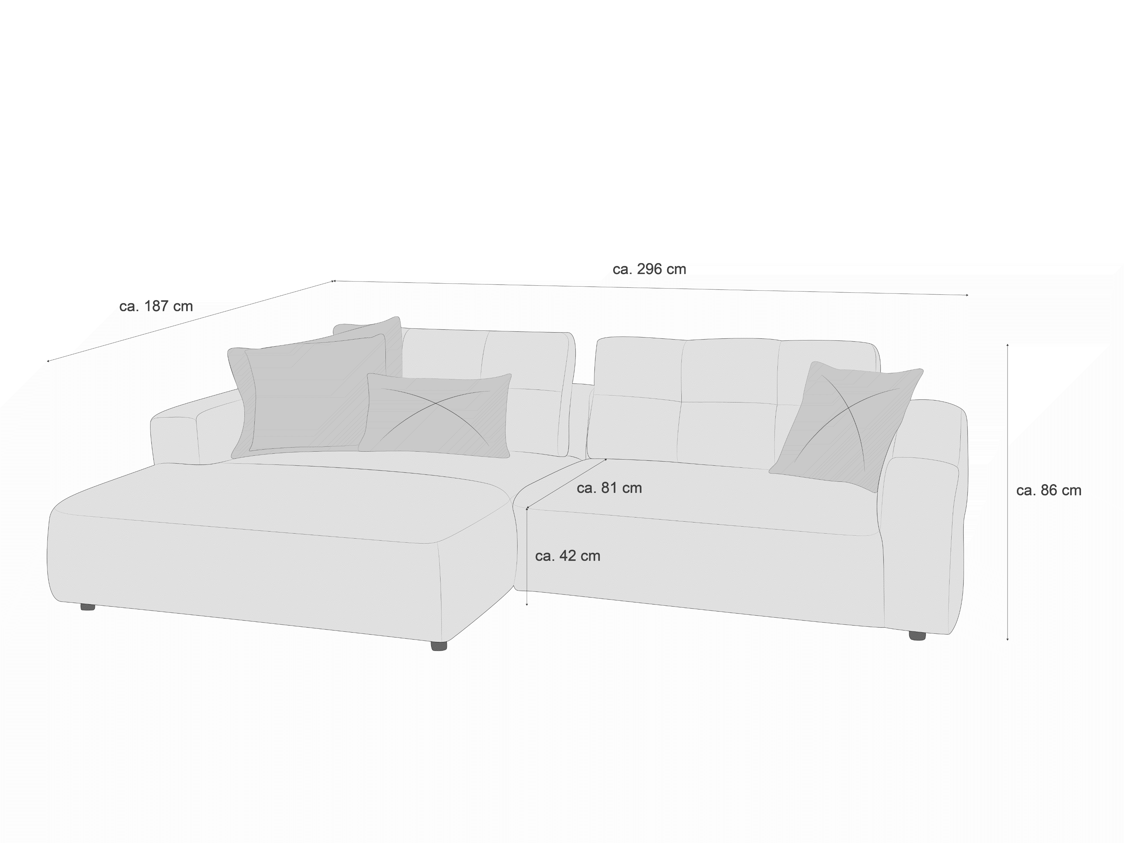 Ecksofa mit zwei Armlehnen, gepolsterten Rückenlehnen, Stoffbezug und sichtbaren Kissen