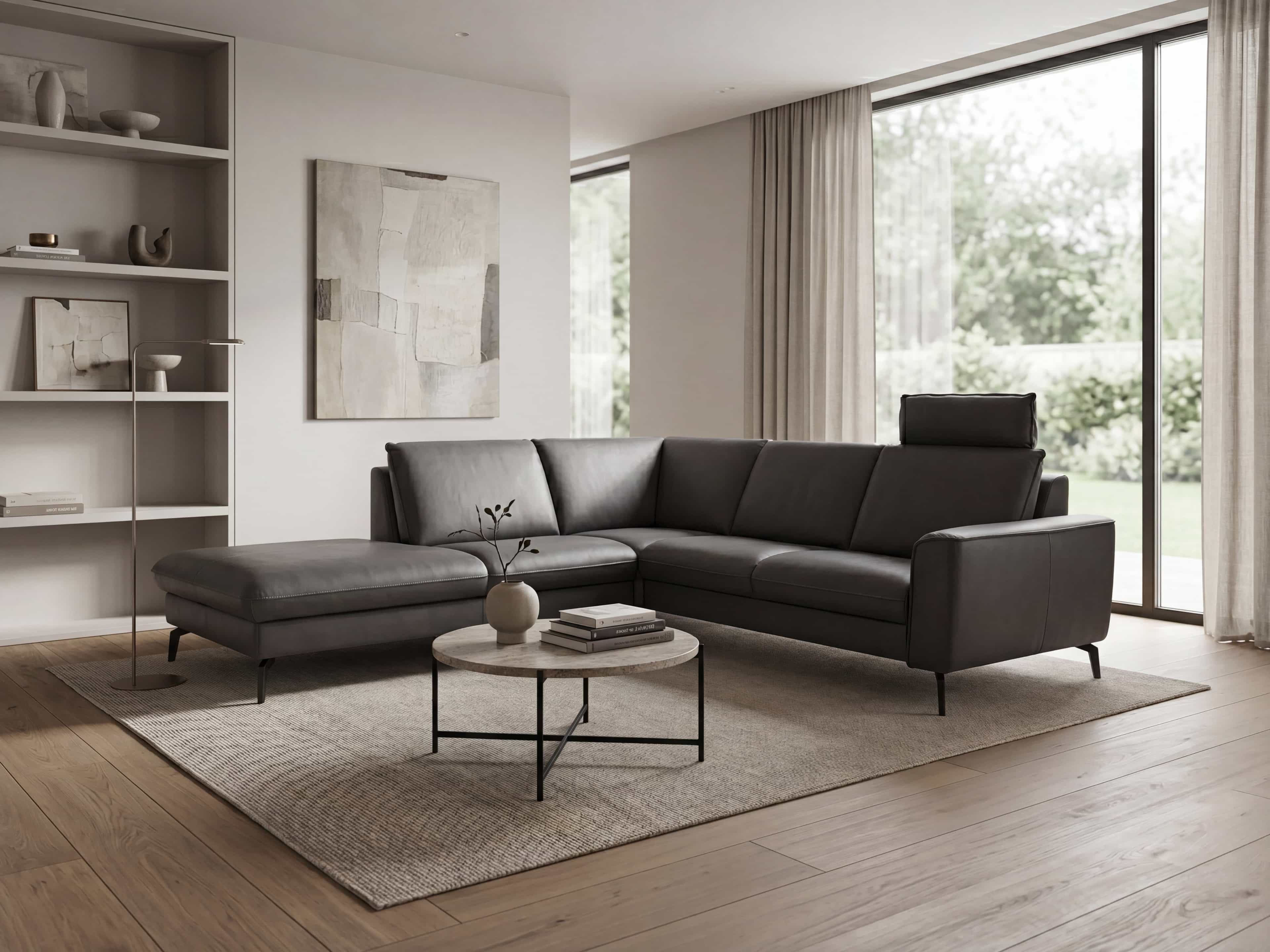 Ecksofa Kabs Polsterwelt mit schwarzgrauem Lederbezug, rechter Armlehne und verstellbarer Kopfstütze