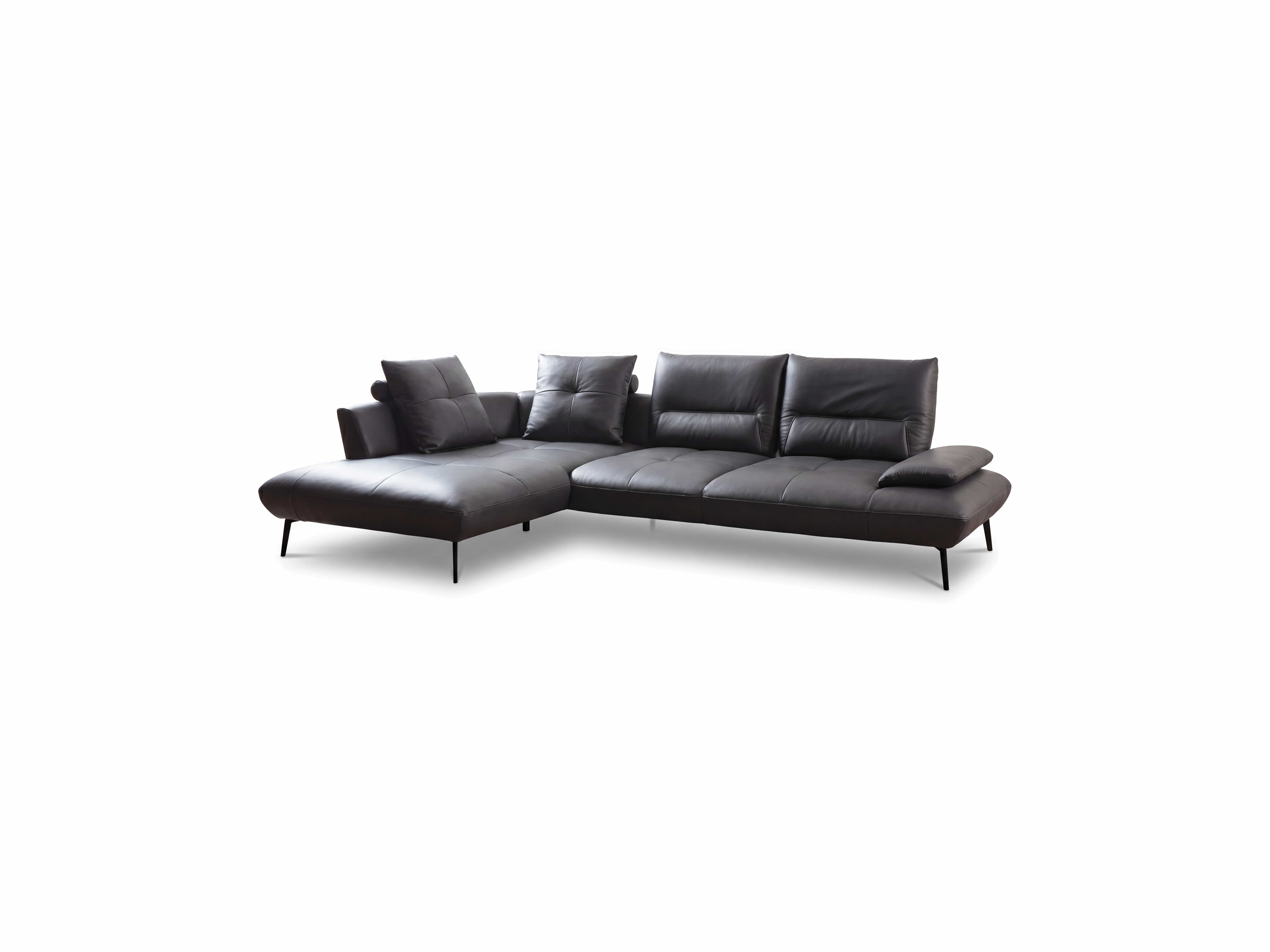 Ecksofa Joker mit dunkelbraunem Lederbezug, linksseitiger Ottomane, Metallfüße, gepolsterte Rückenlehnen