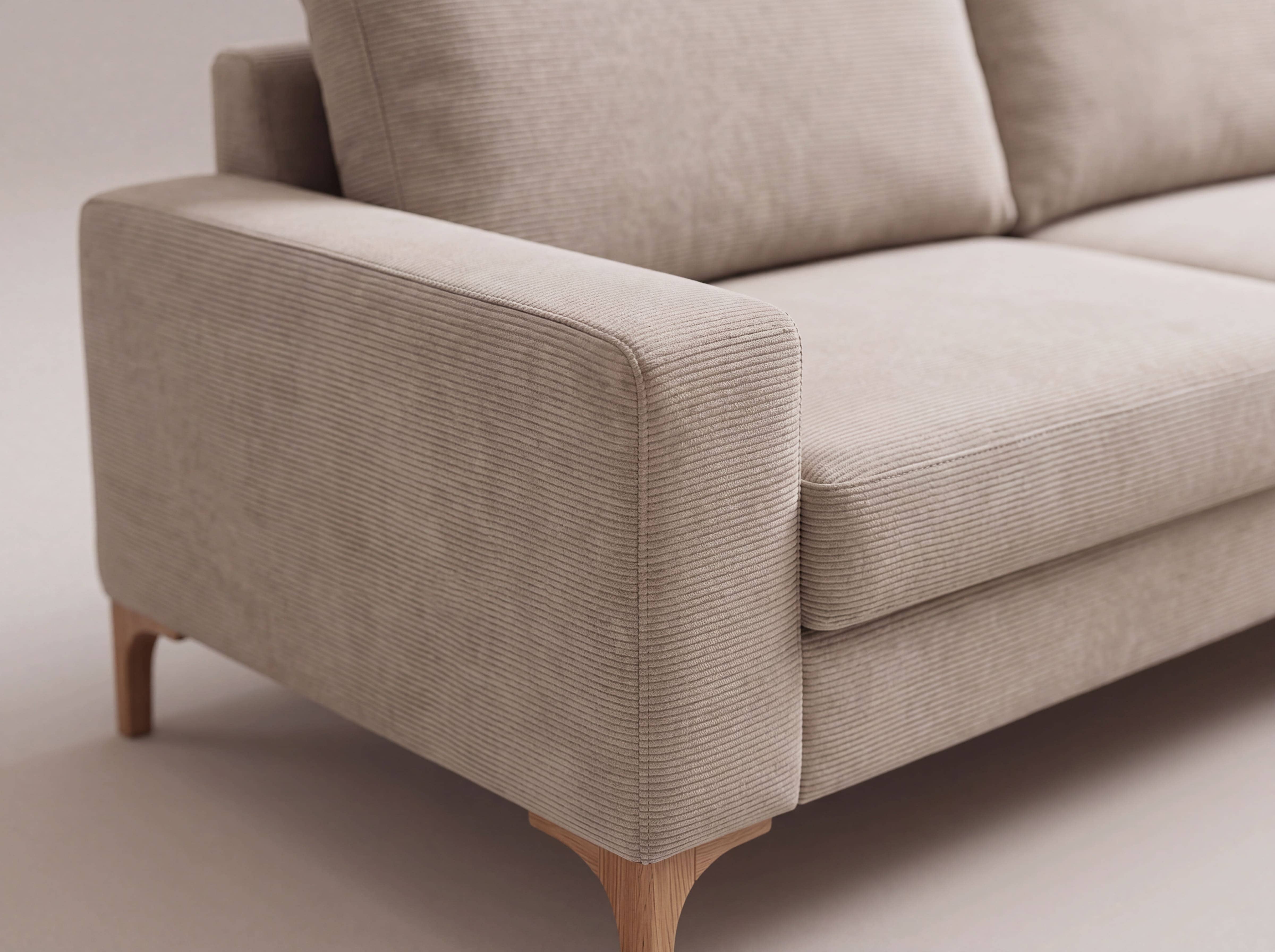 2-Sitzer Sofa Kabs mit breiten Armlehnen, beigefarbenem Cordbezug und Holzfüßen in Naturoptik