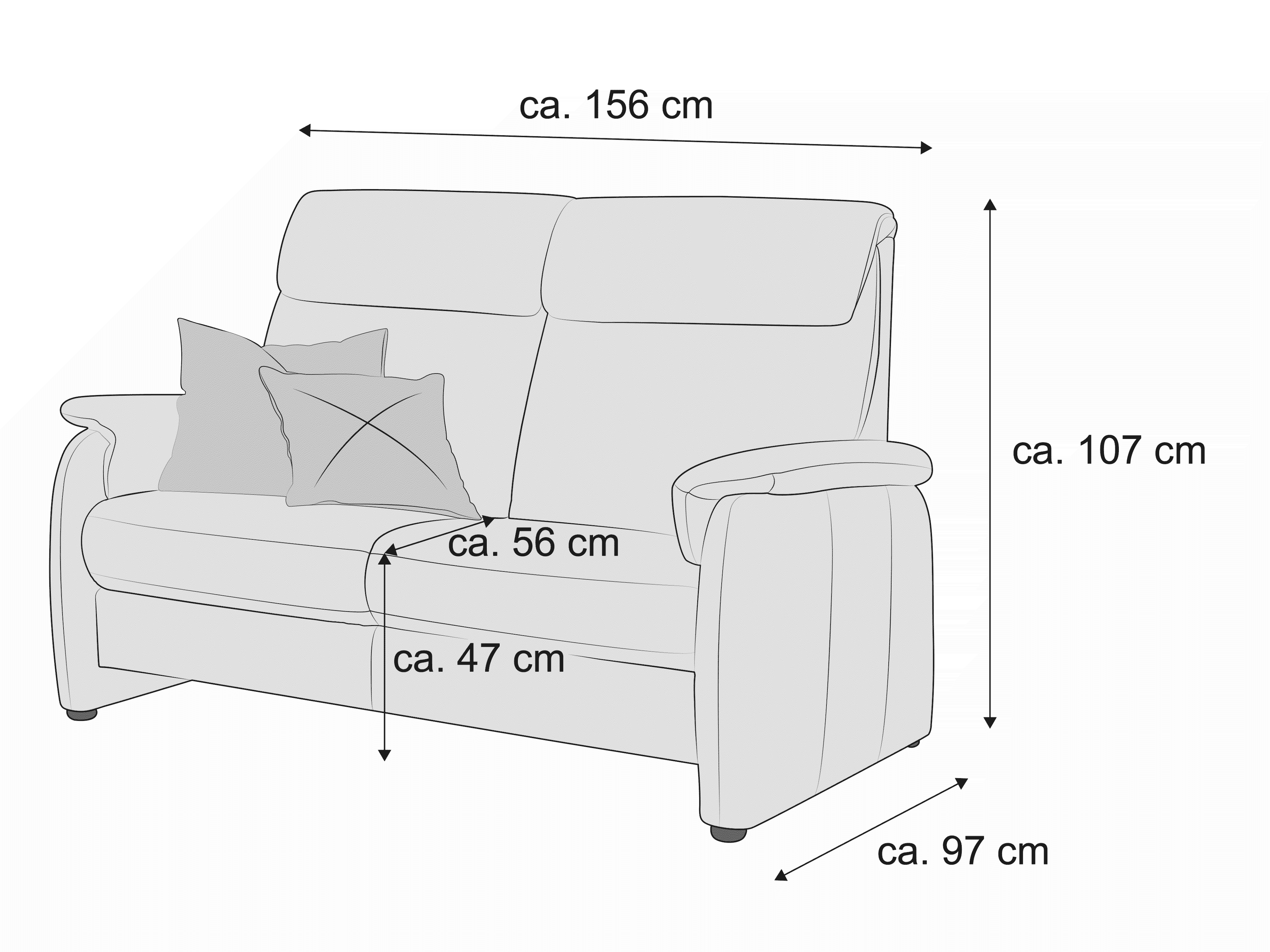 2-Sitzer Sofa mit gepolsterter Rückenlehne und Armlehnen, zwei Kissen, Maße am Modell eingezeichnet