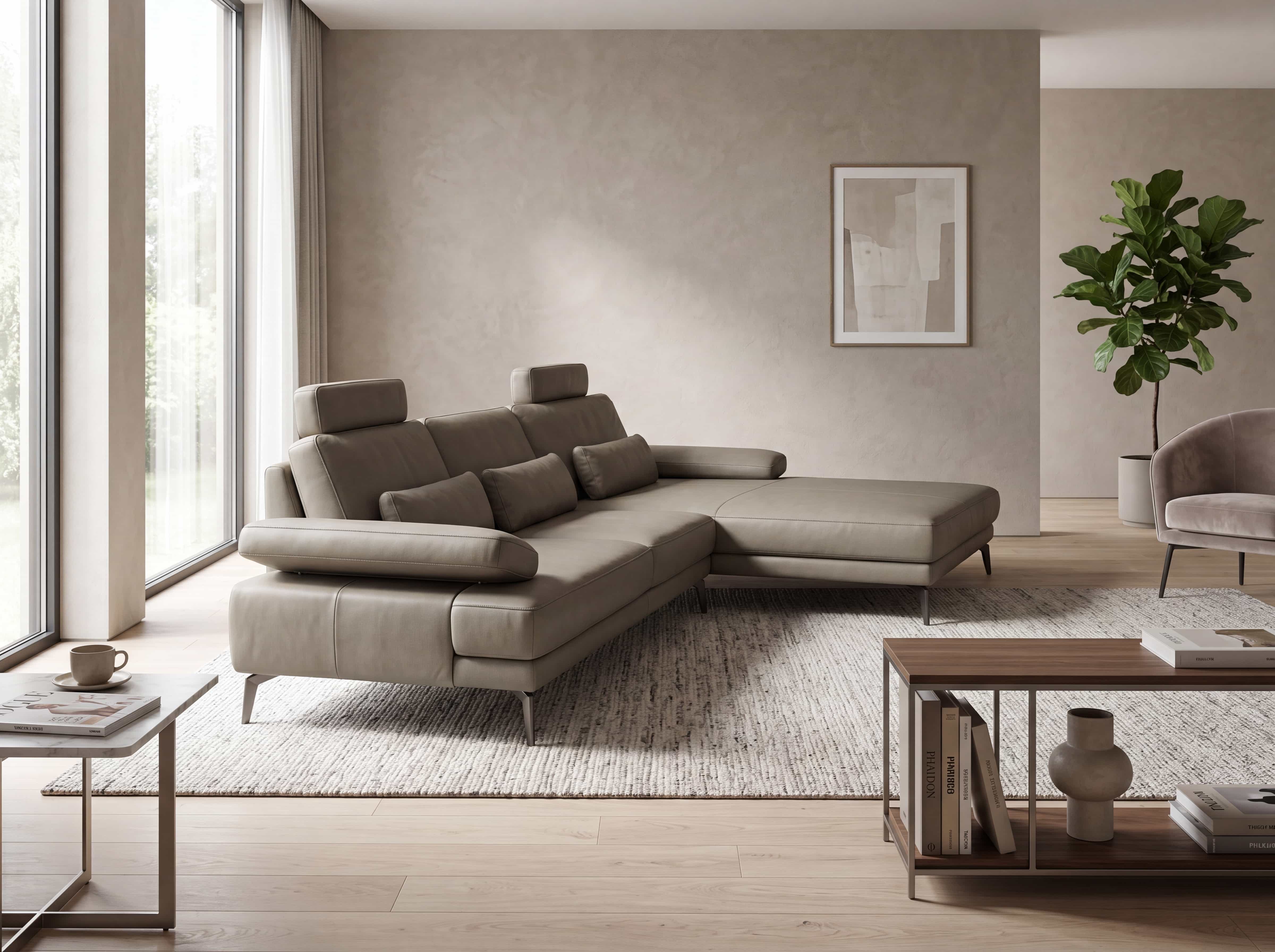 Ecksofa mit Lederbezug in Taupe, verstellbaren Kopfstützen, Armlehnen und Metallfüßen