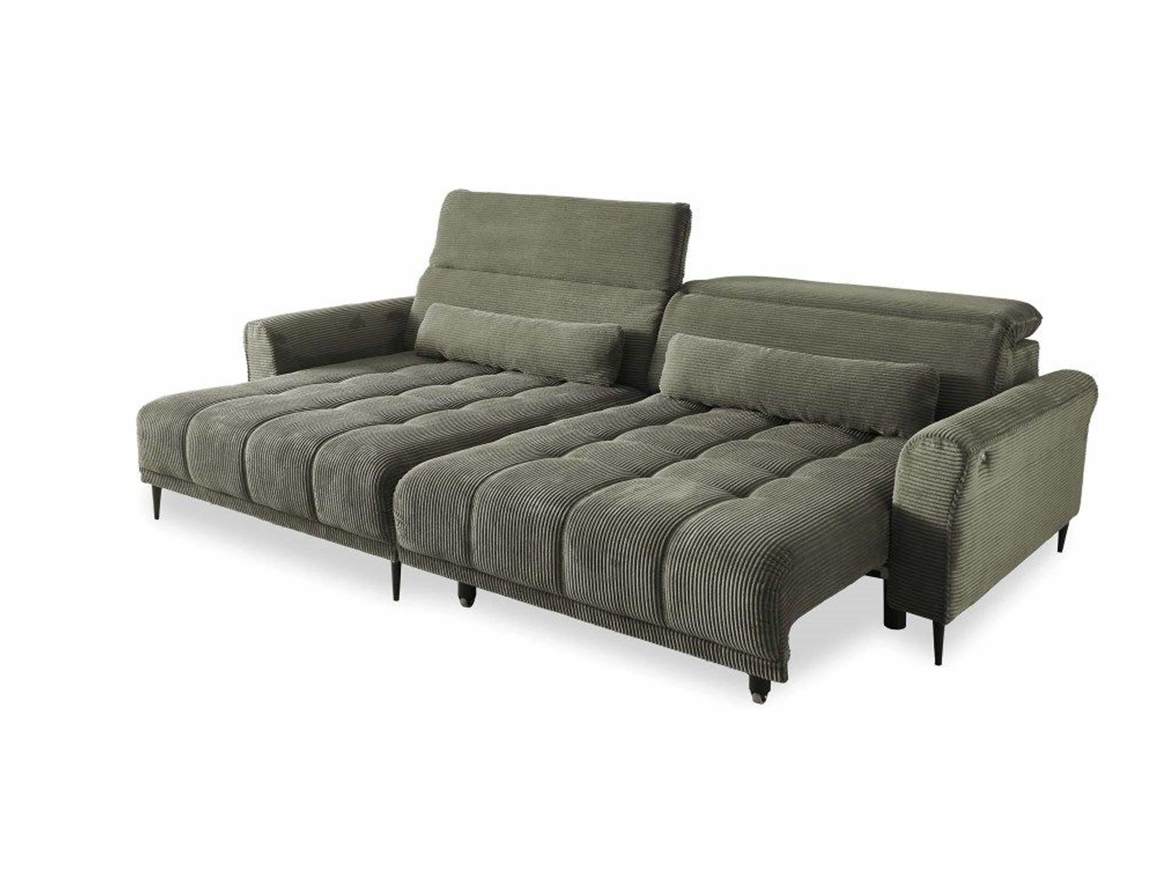 Ecksofa Levi mit Cordbezug in Grau, gepolsterte Sitzfläche, Armlehnen und schwarze Füße