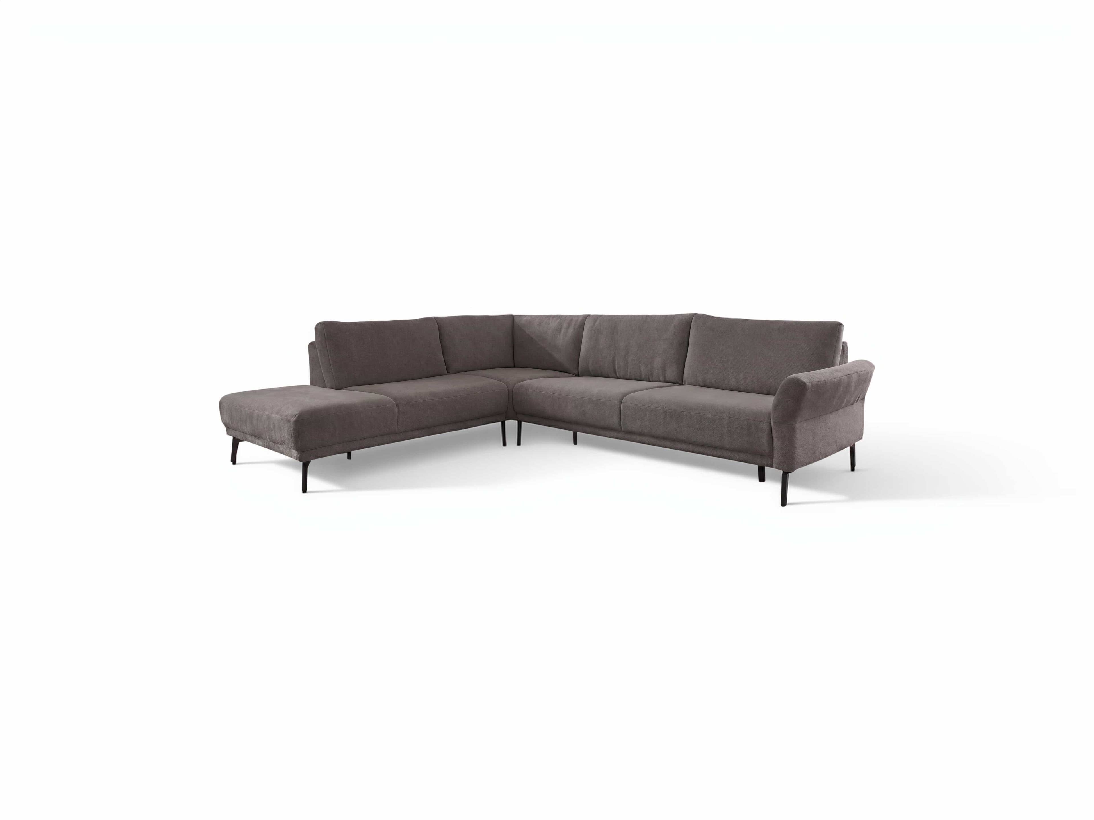 Ecksofa Varese mit grauem Stoffbezug, L-Form, Armlehnen und schmalen schwarzen Metallfüßen