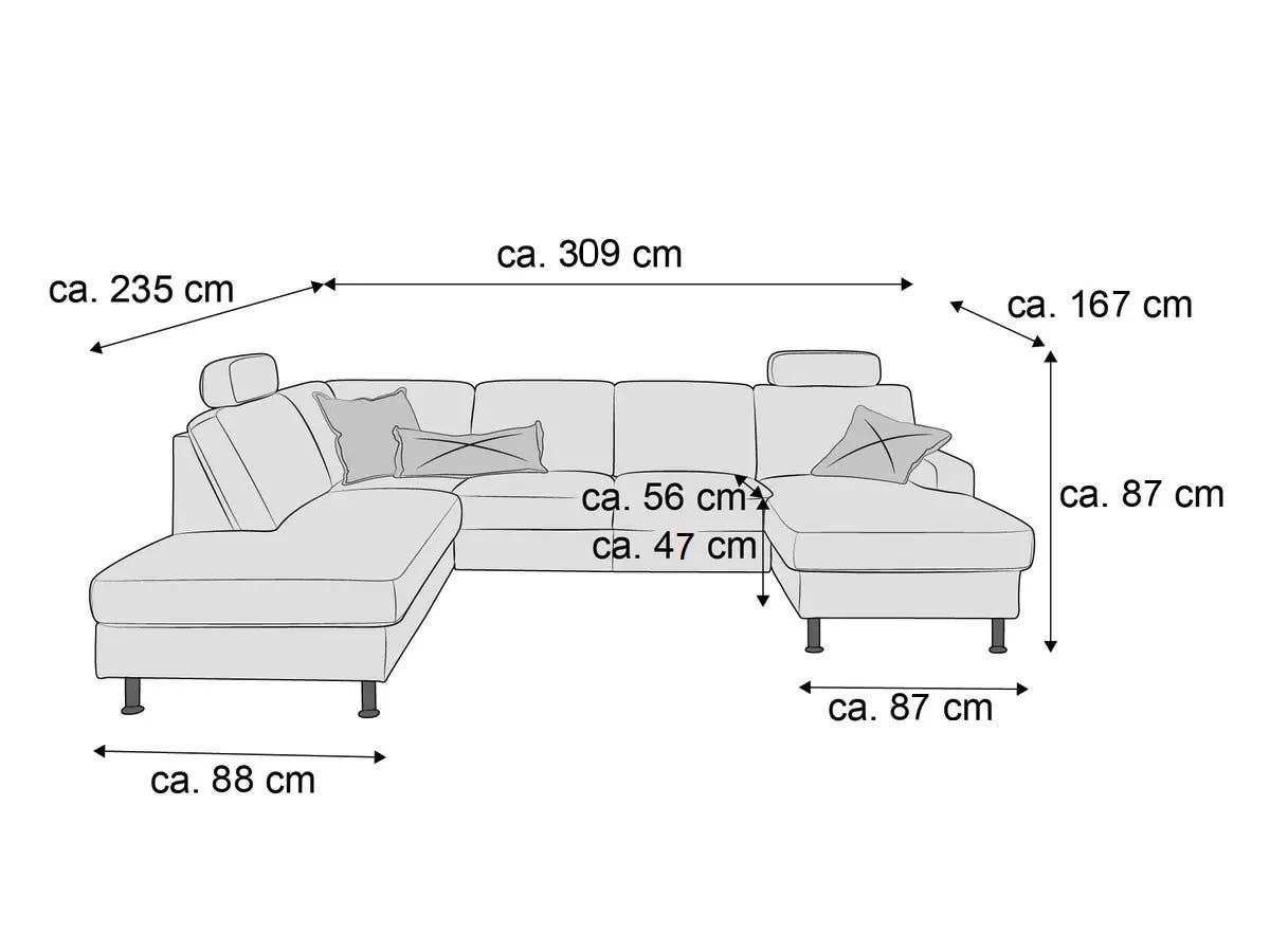 Ecksofa mit zwei Kopfstützen, gepolsterter Sitzfläche, Armlehnen und sichtbaren Sofafüßen, Frontansicht