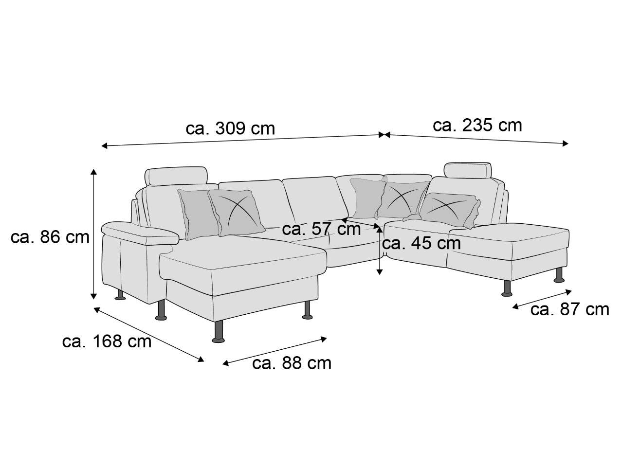 Ecksofa mit verstellbaren Kopfstützen, Stoffbezug, L-Form, Armlehnen, sichtbaren Sofafüßen