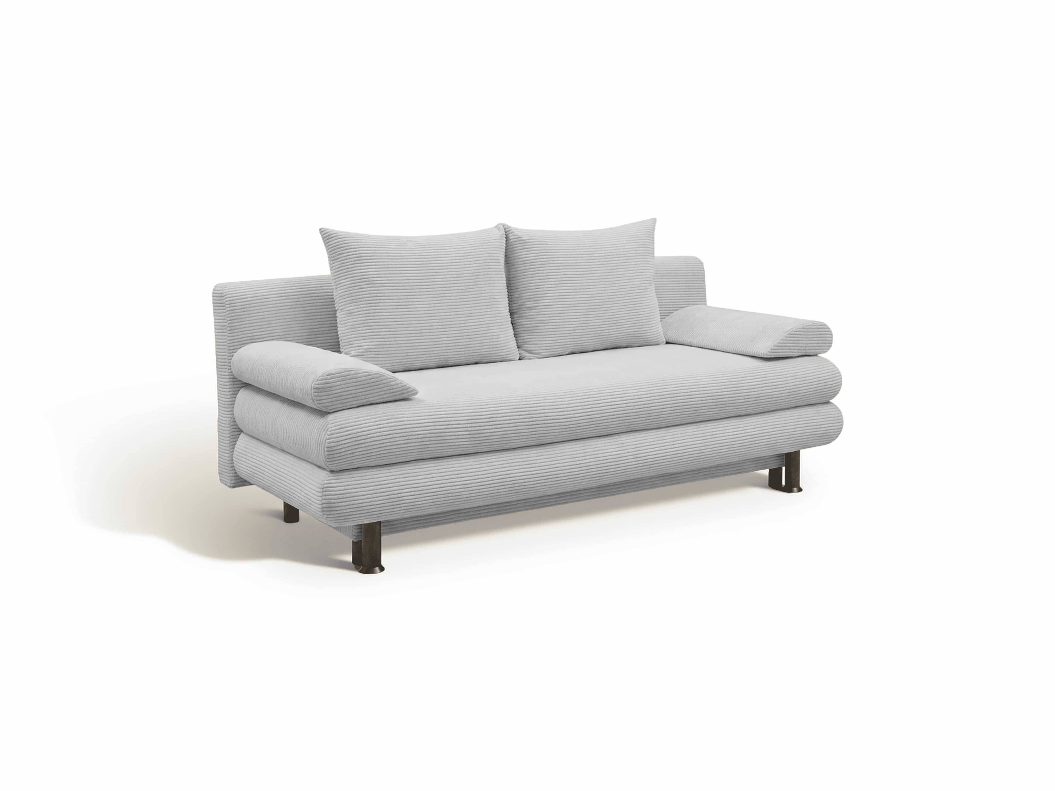 2-Sitzer Sofa Cordula mit hellgrauem Cordbezug, zwei Rücken- und zwei Armlehnenkissen, dunkle Füße