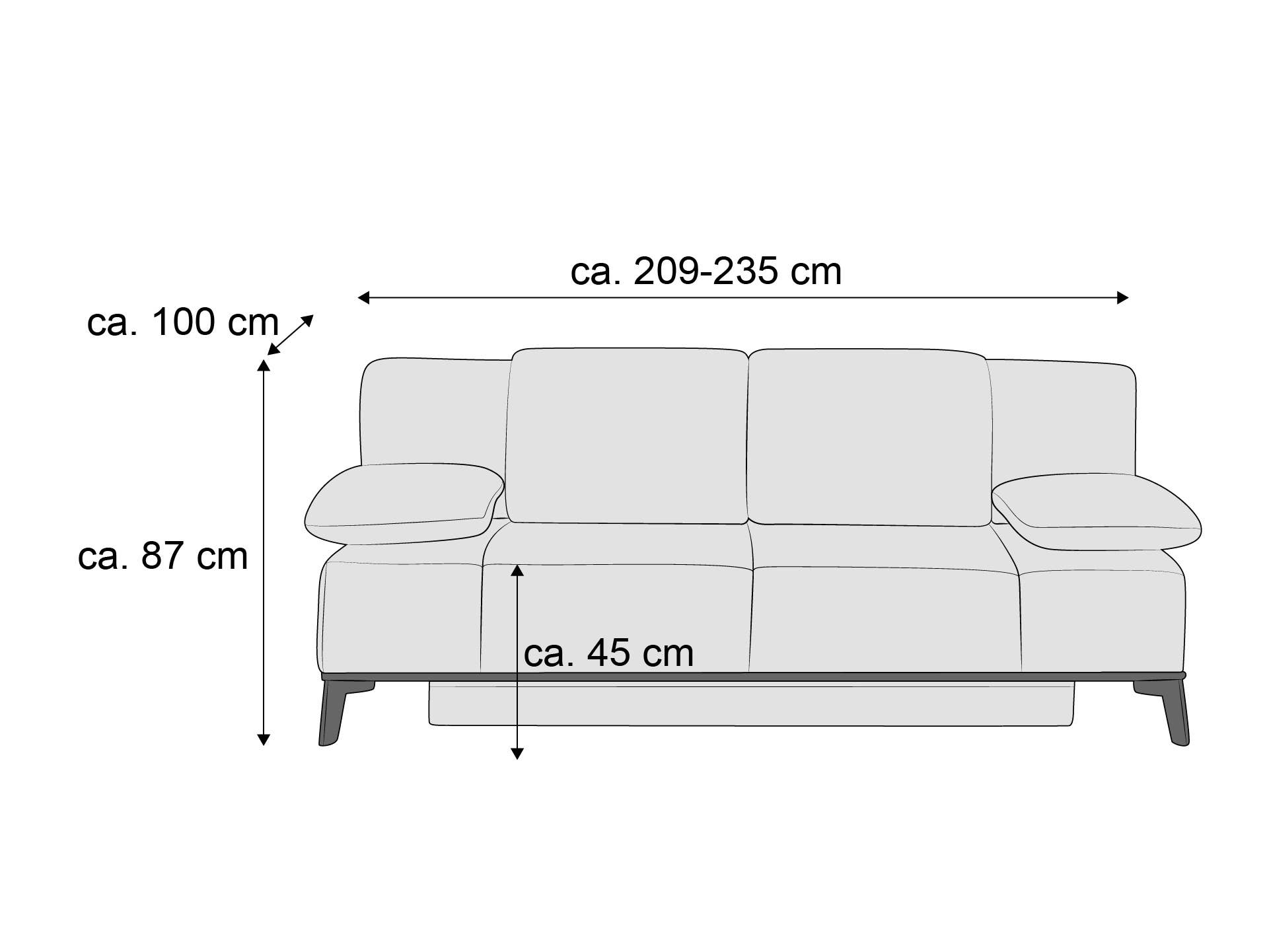 2-Sitzer Sofa mit gepolsterten Armlehnen, sichtbaren Maßen und rechteckiger Rückenlehne