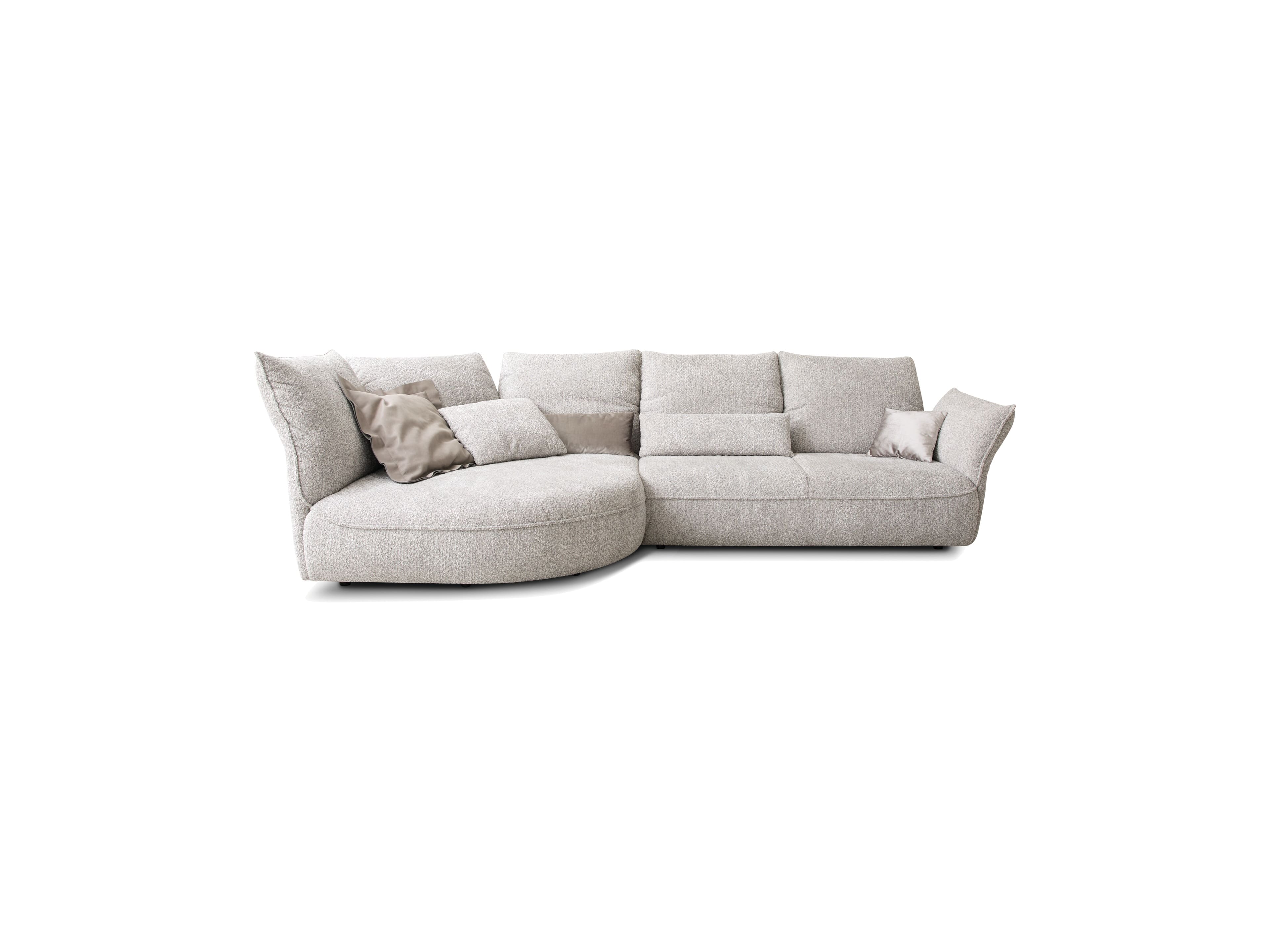 Ecksofa Kabs Polsterwelt mit Rundelement, hellgrauer Stoffbezug, breite Armlehnen und Kissen