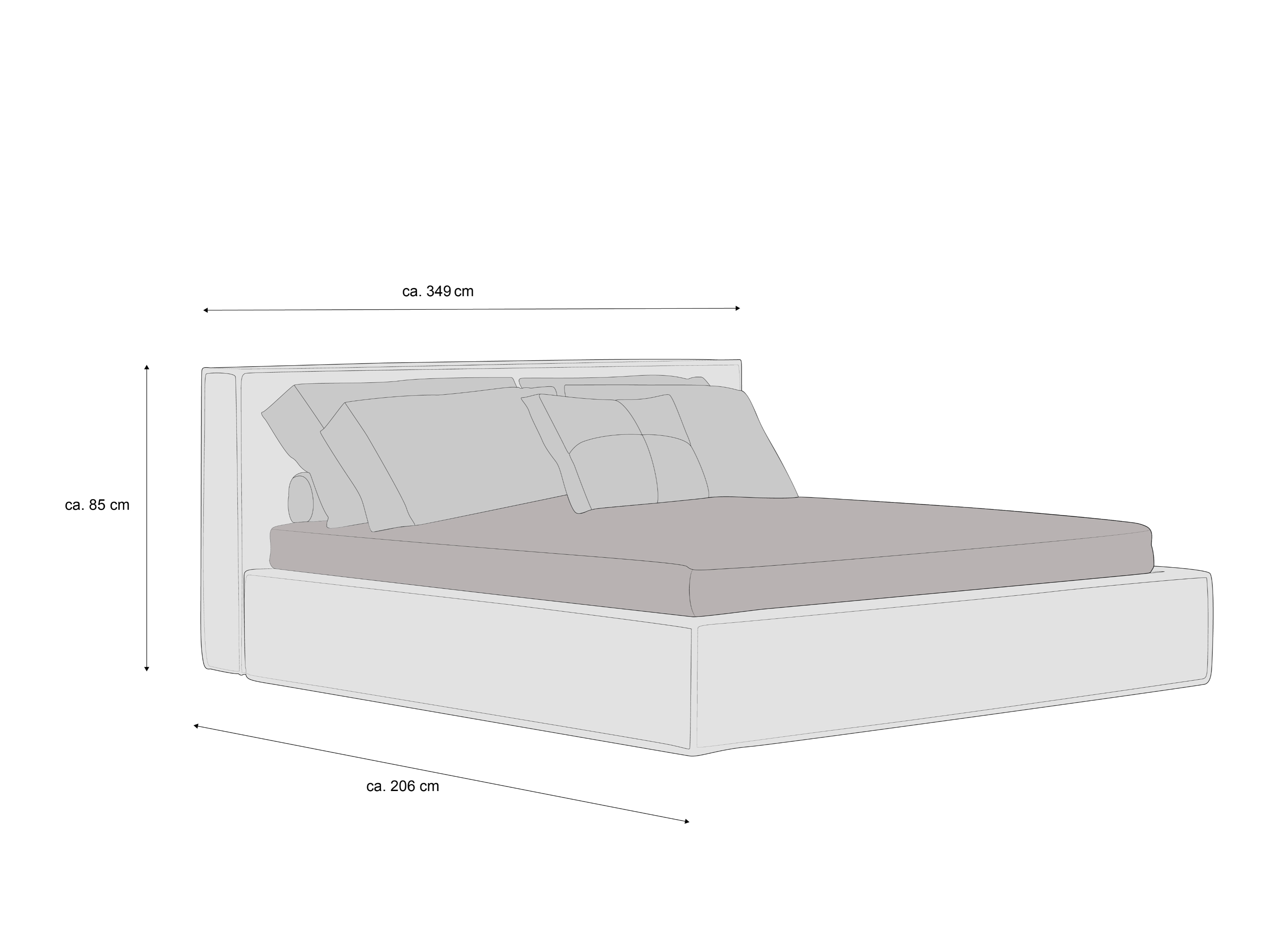 Boxspringbett mit rechteckigem, gepolstertem Kopfteil und hellgrauem Stoffbezug in Frontansicht
