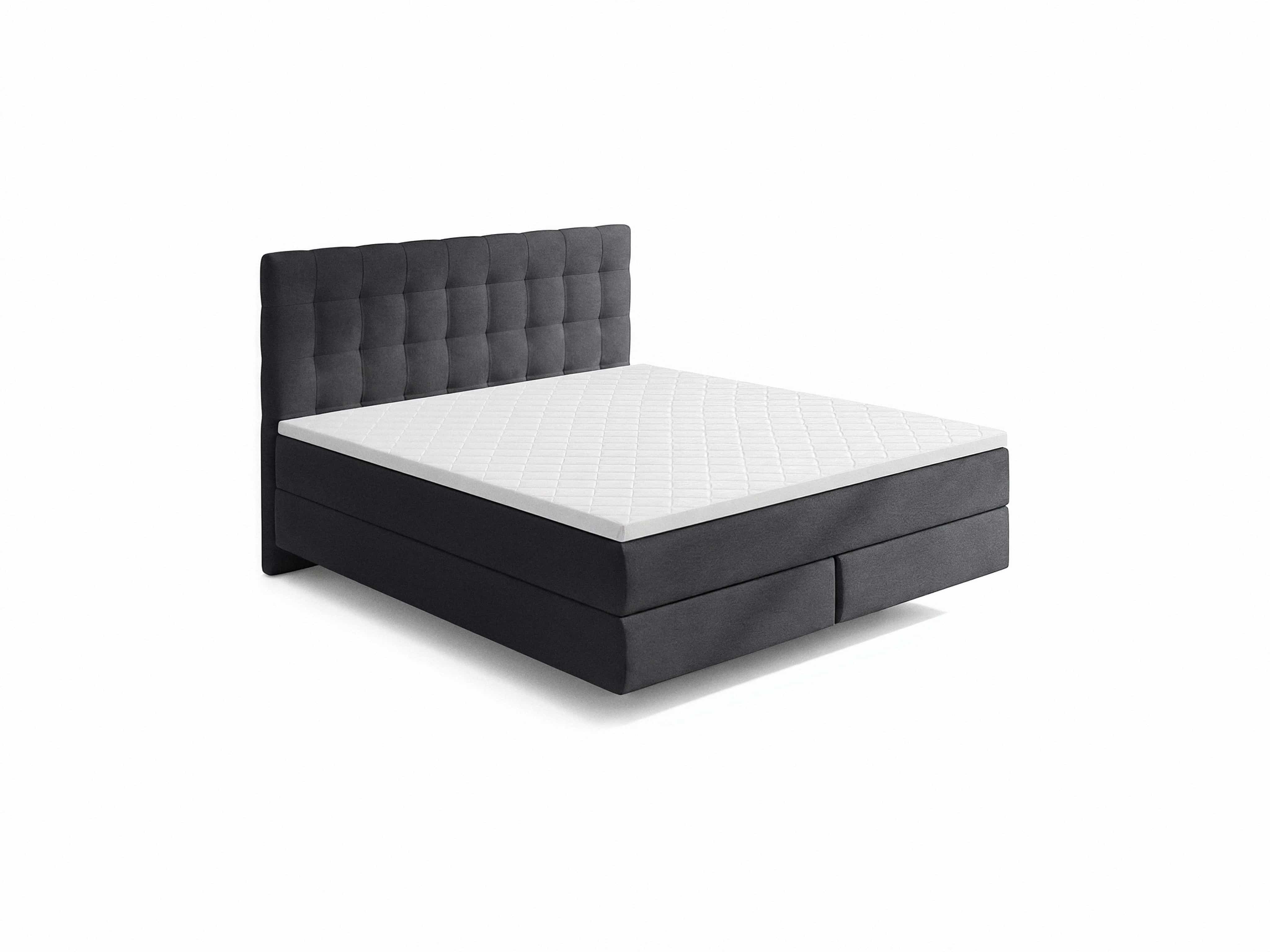 Boxspringbett mit gesteppter, gepolsterter Kopfteilstruktur, dunkelgrauer Stoffbezug, weiße Liegefläche