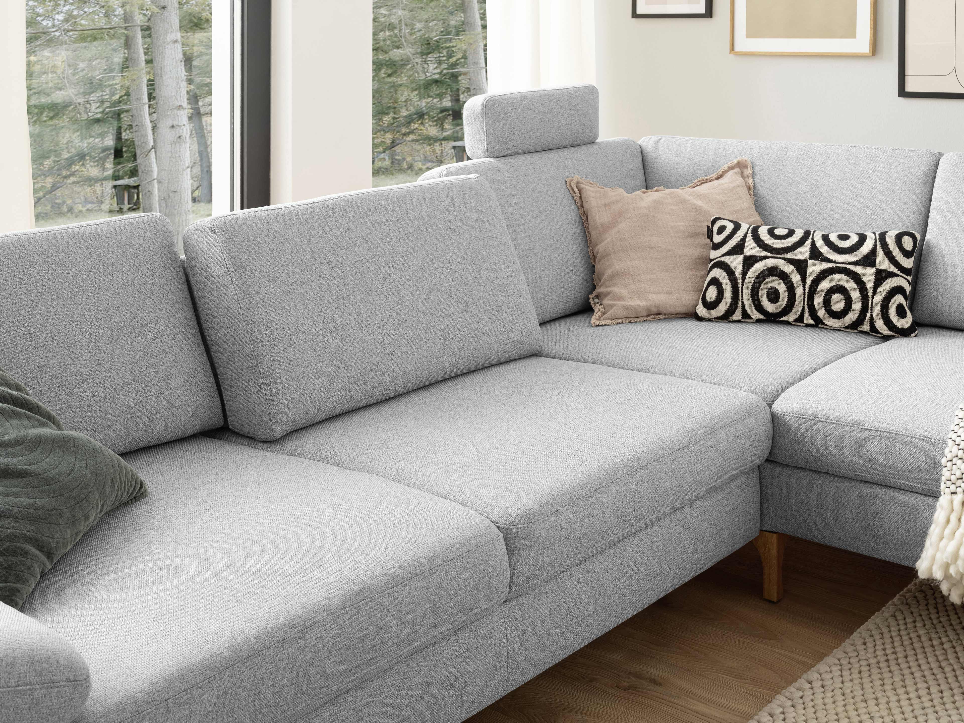 Ecksofa Kabs Polsterwelt mit grauem Stoffbezug, hoher Rückenlehne und Holzfüßen, ohne Armlehnen