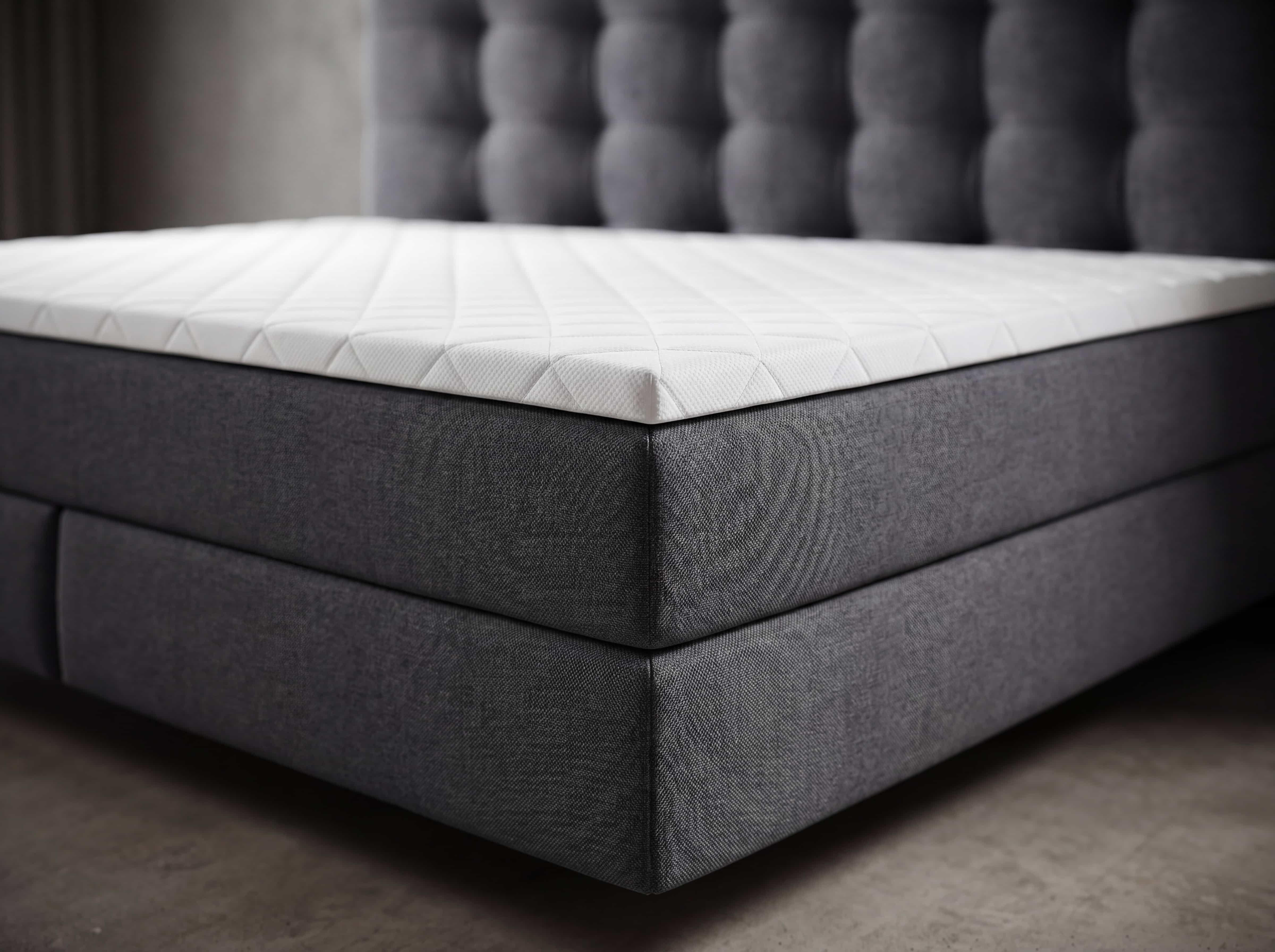 Boxspringbett mit grauem Stoffbezug, gestepptem Kopfteil und weißer Matratzenauflage in Nahaufnahme