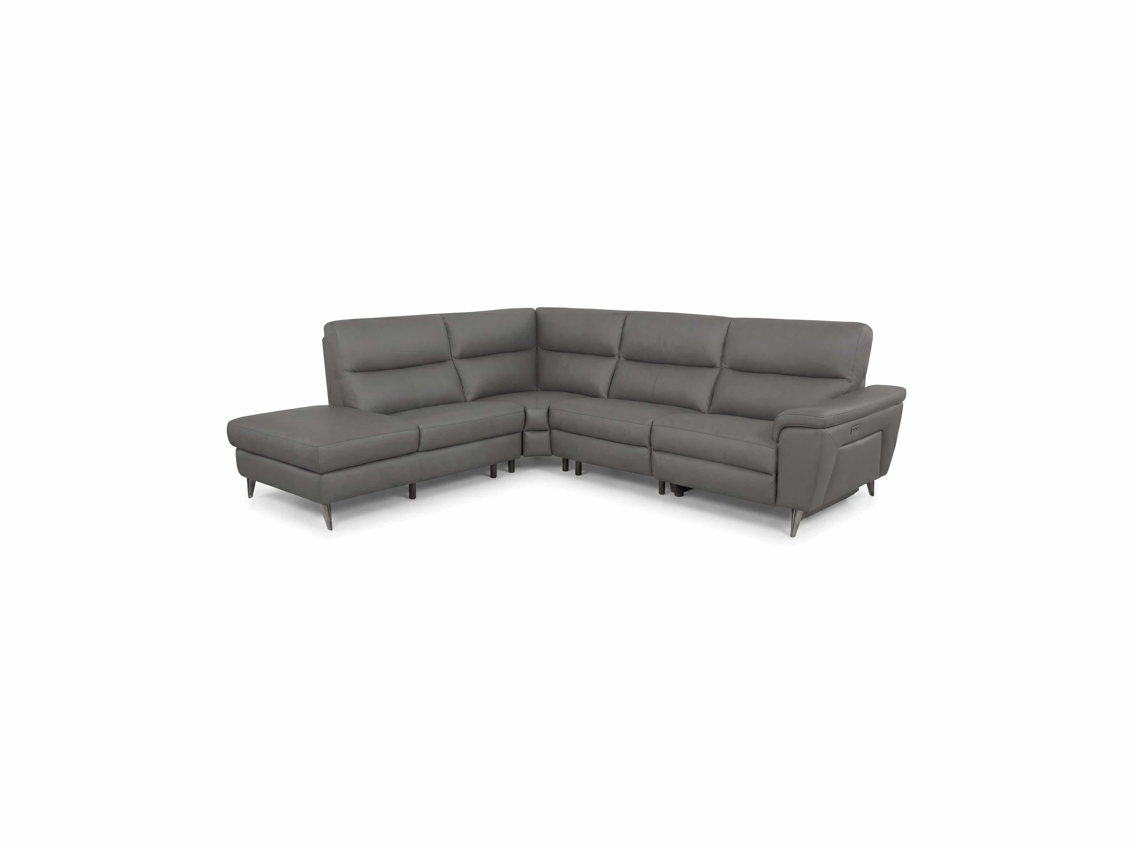Ecksofa Kabs mit grauem Lederbezug, gepolsterten Armlehnen, hohen Rückenlehnen und Metallfüßen