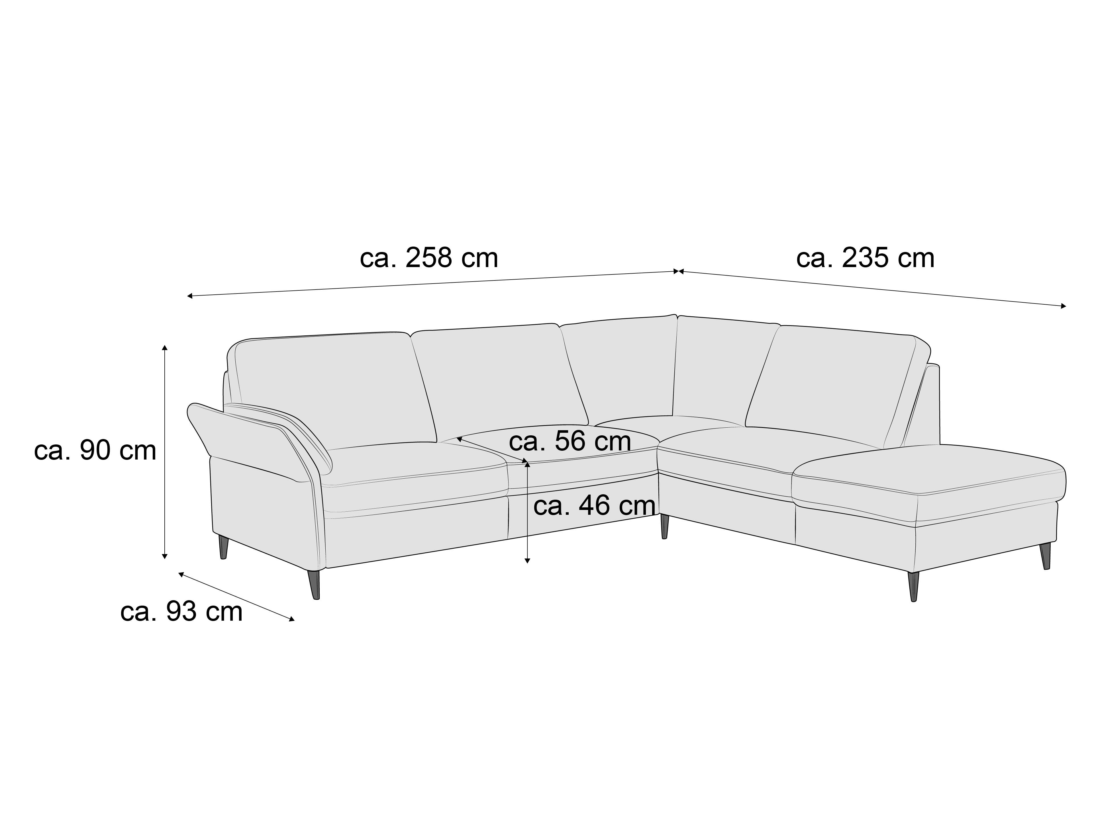 Ecksofa mit Stoffbezug, gepolsterten Rückenlehnen, Armlehne links, schlanke Füße, L-Form