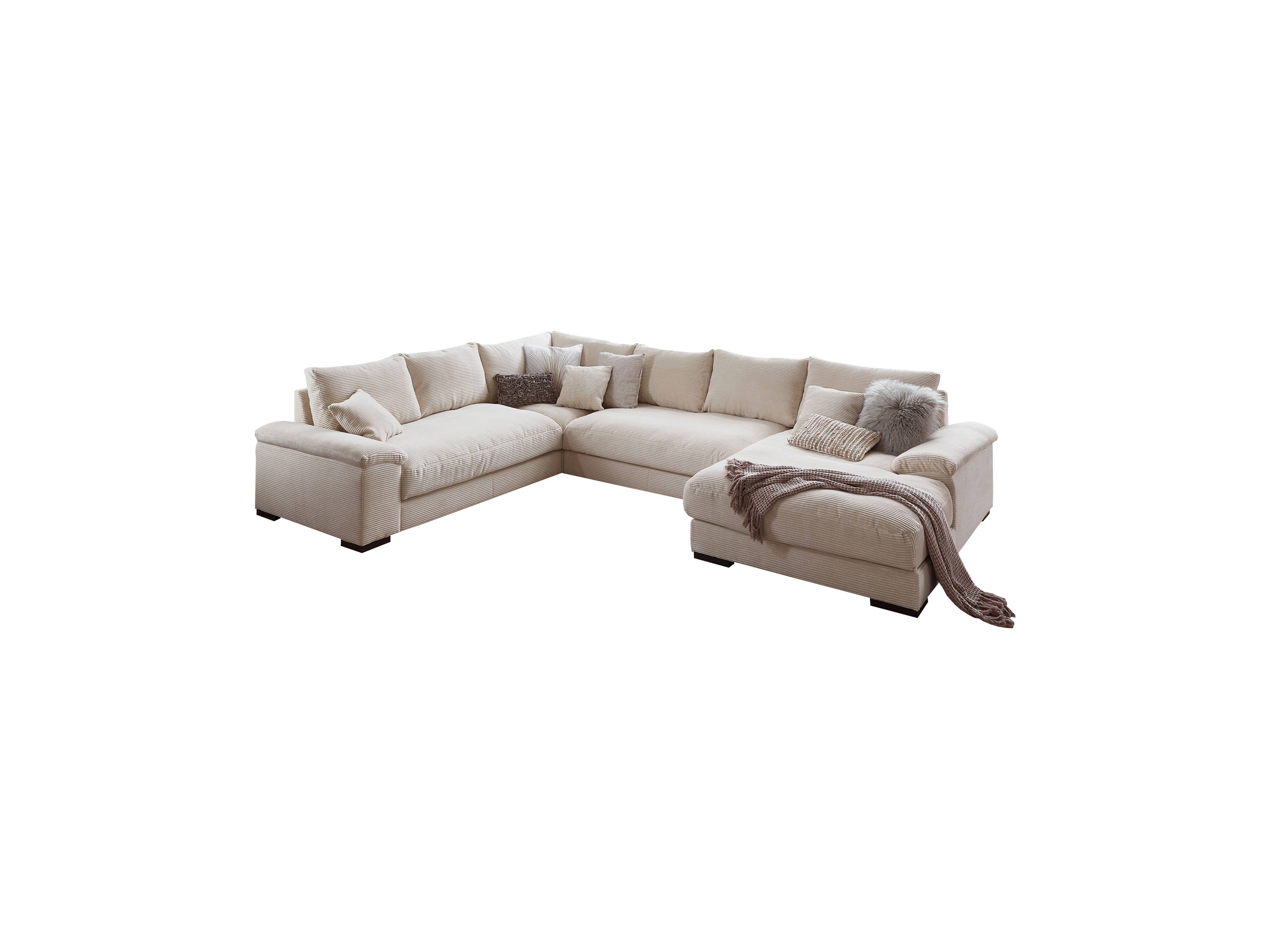 Ecksofa Tabea mit Stoffbezug in Beige, gepolstert, mit Armlehnen und mehreren Kissen