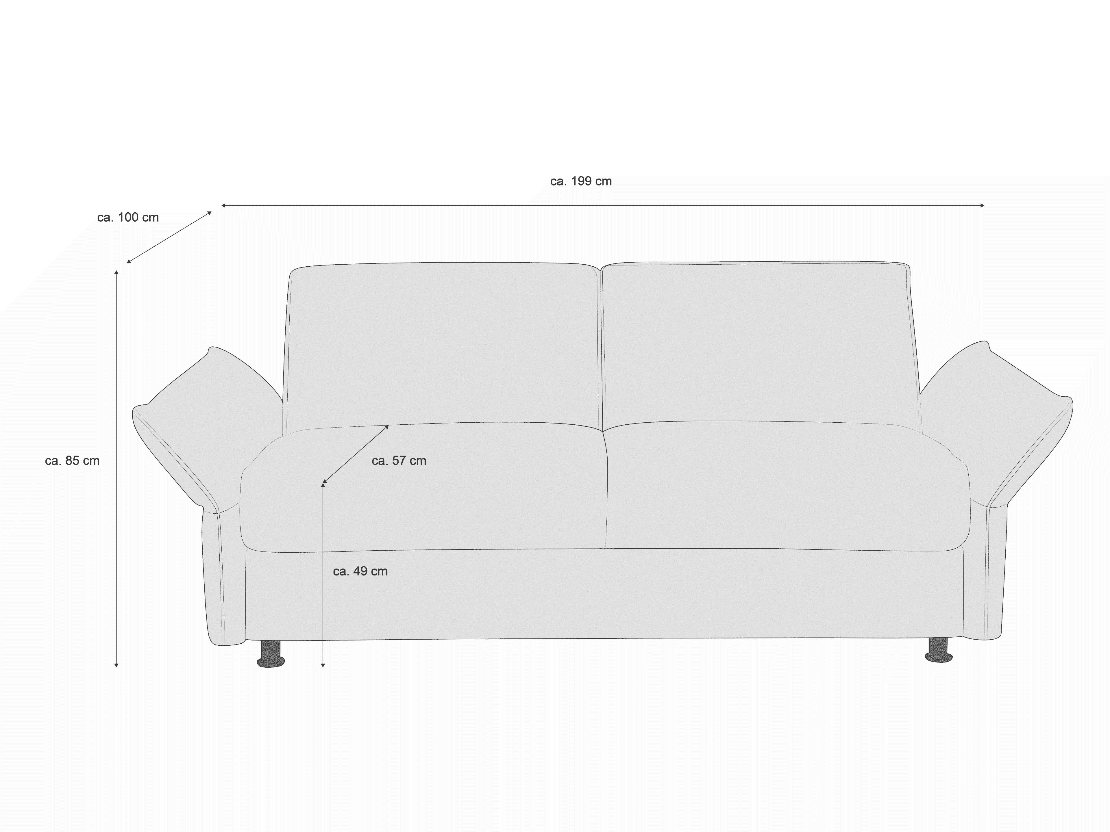 2-Sitzer Sofa mit Stoffbezug, geraden Linien, gepolsterter Rückenlehne, Armlehnen und schwarzen Füßen