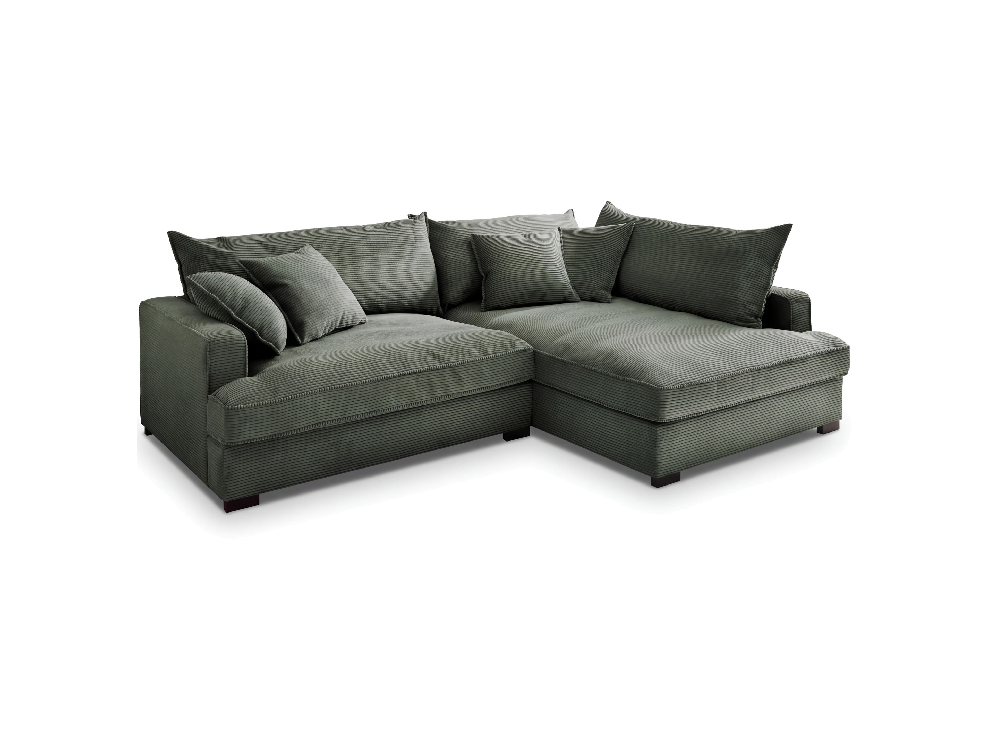 Ecksofa Hugh – grüner Cordbezug in L-Form mit Armlehnen und losen Rückenkissen