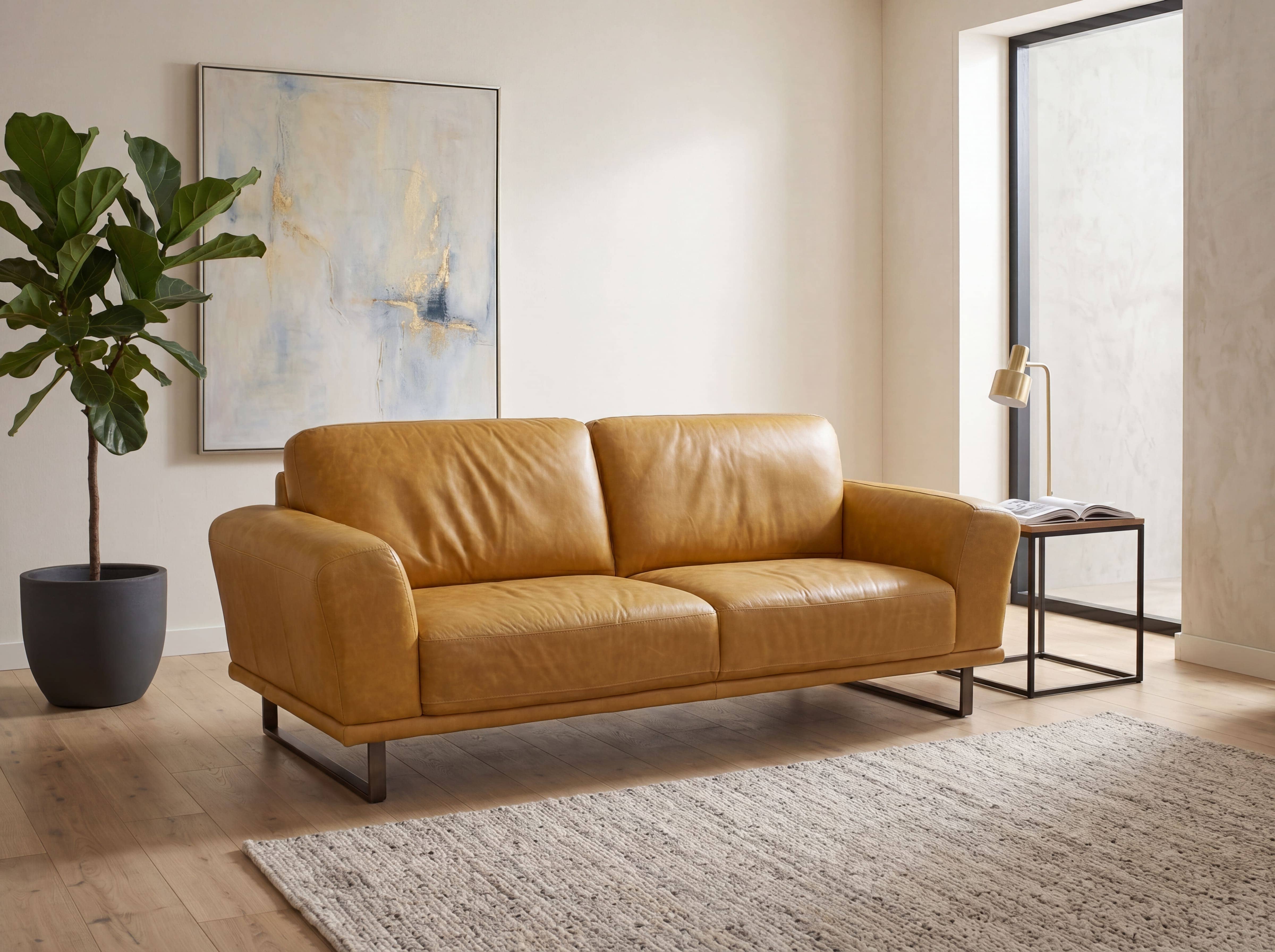 Zweisitzer-Sofa Mistral mit cognacfarbenem Lederbezug, gepolsterter Sitzfläche und schwarzen Metallfüßen