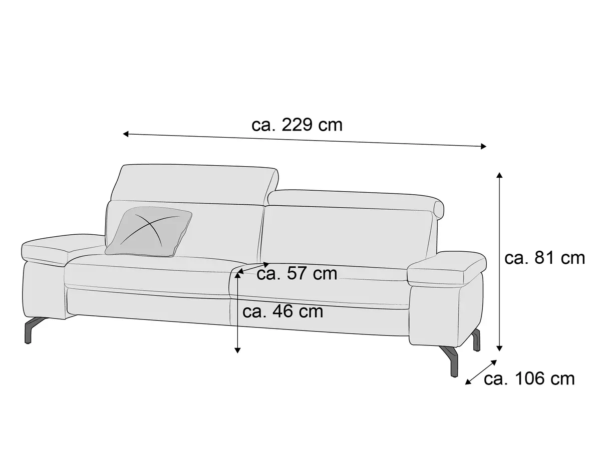 3-Sitzer Sofa mit Armlehnen, gepolsterter Rückenlehne, hohem Kopfteil und sichtbaren Sofafüßen