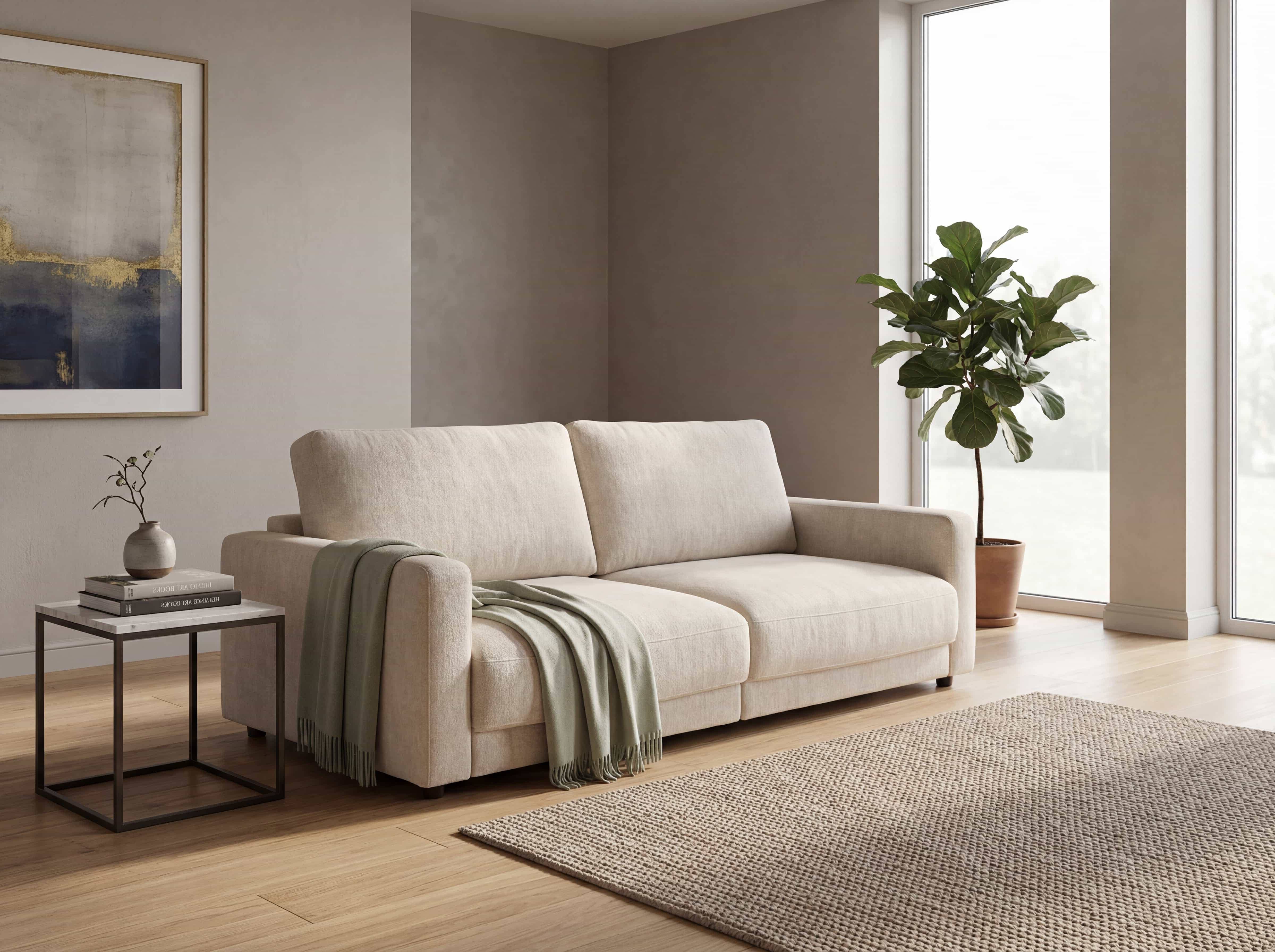 3-Sitzer Sofa Kabs mit beigem Stoffbezug, gepolsterten Sitz- und Rückenteilen sowie Armlehnen