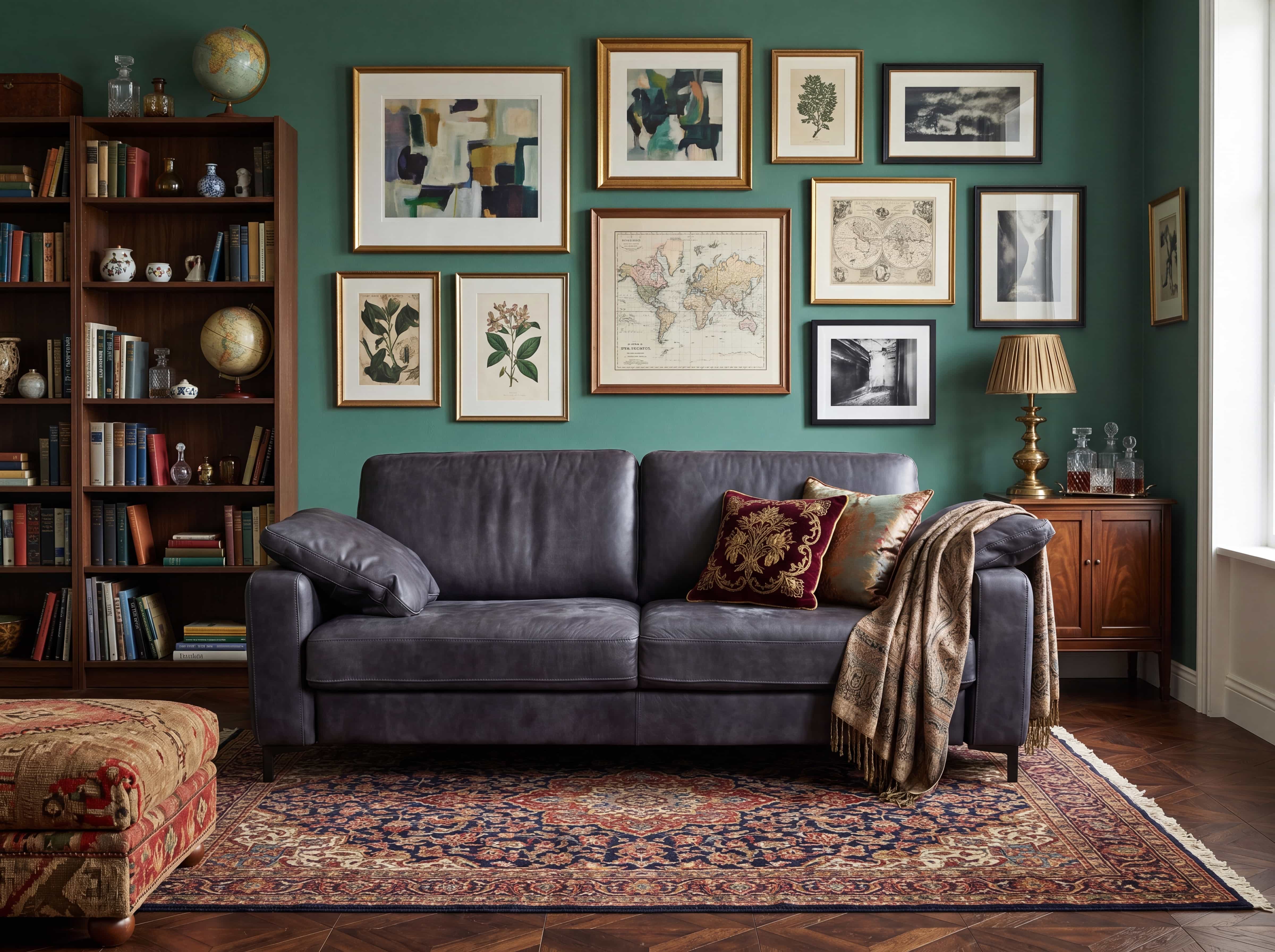 3-Sitzer Sofa in dunkelgrauem Leder mit Armlehnen, zwei Sitzkissen und gemusterten Zierkissen