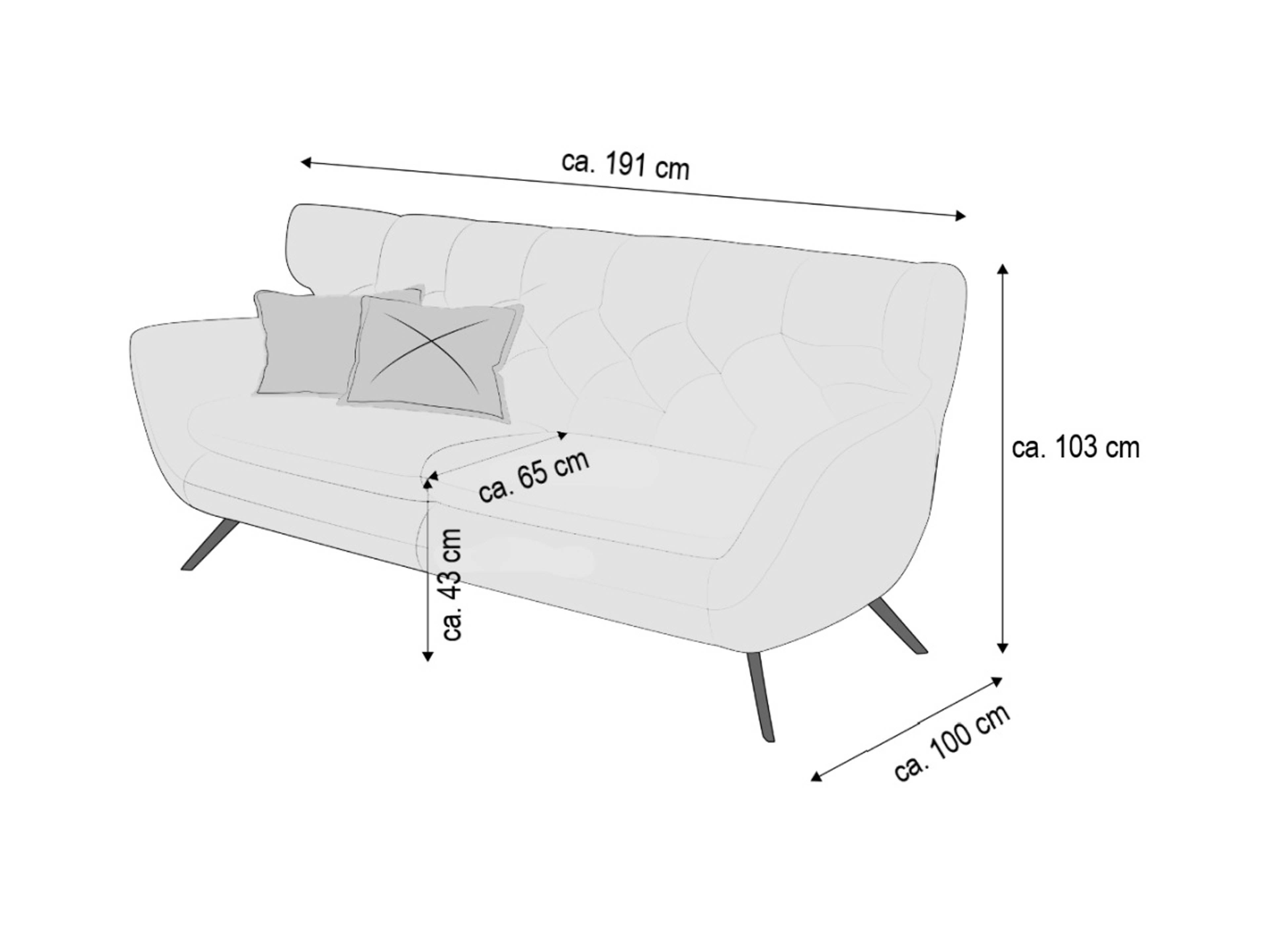 3-Sitzer Sofa mit Armlehnen, sichtbarer Knopfheftung, gepolsterter Rückenlehne und schrägen Füßen