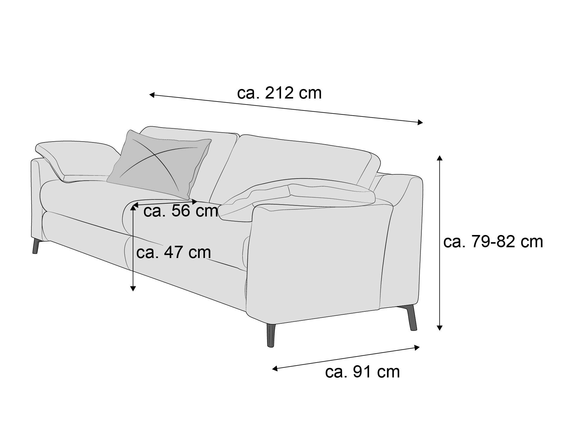 3-Sitzer Sofa mit Armlehnen, gepolsterter Sitzfläche, zwei Rückenkissen und vier sichtbaren Füßen