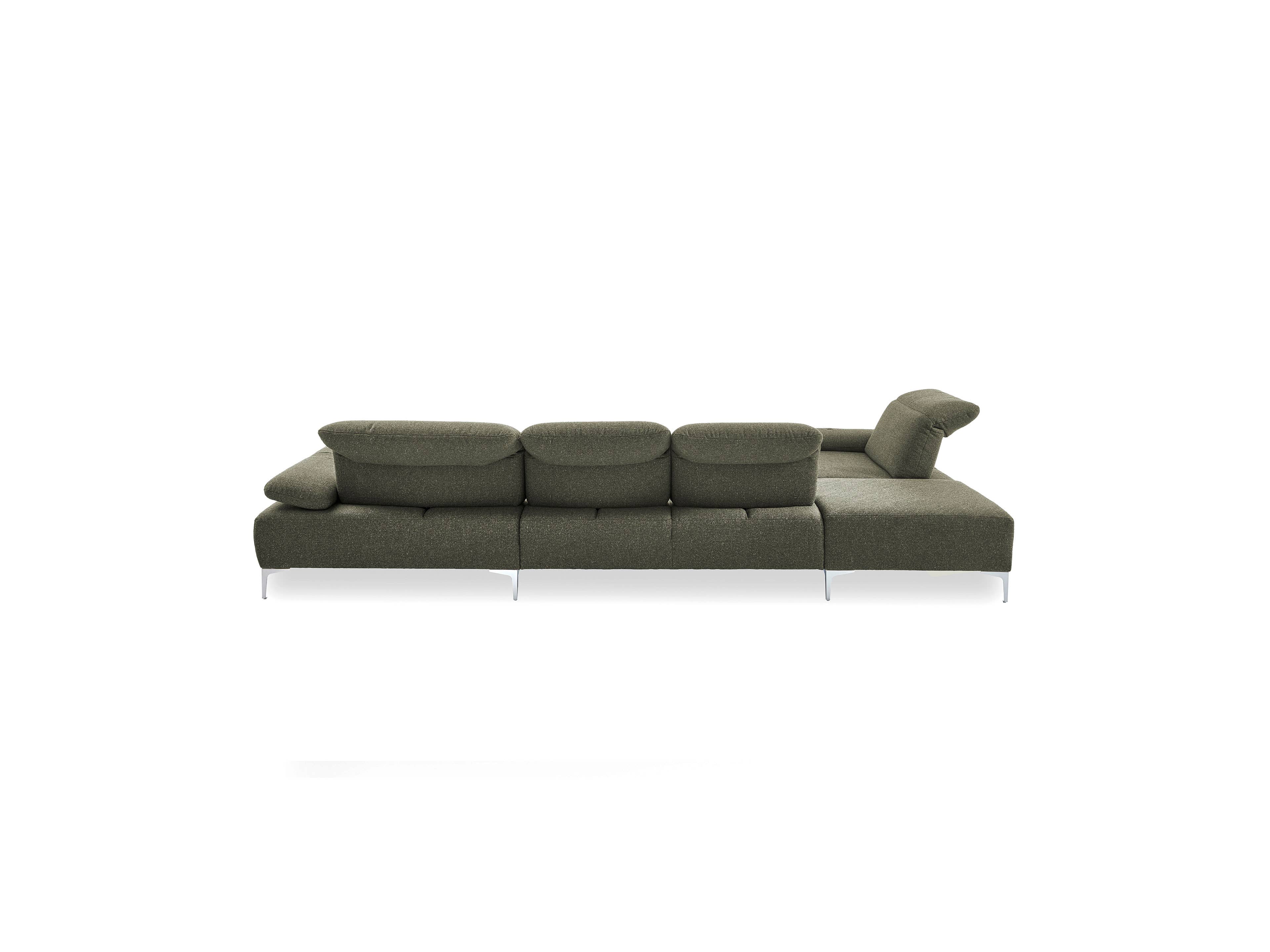 Ecksofa Kabs Polsterwelt mit olivgrünem Stoffbezug, gepolsterten Rückenlehnen und Metallfüßen