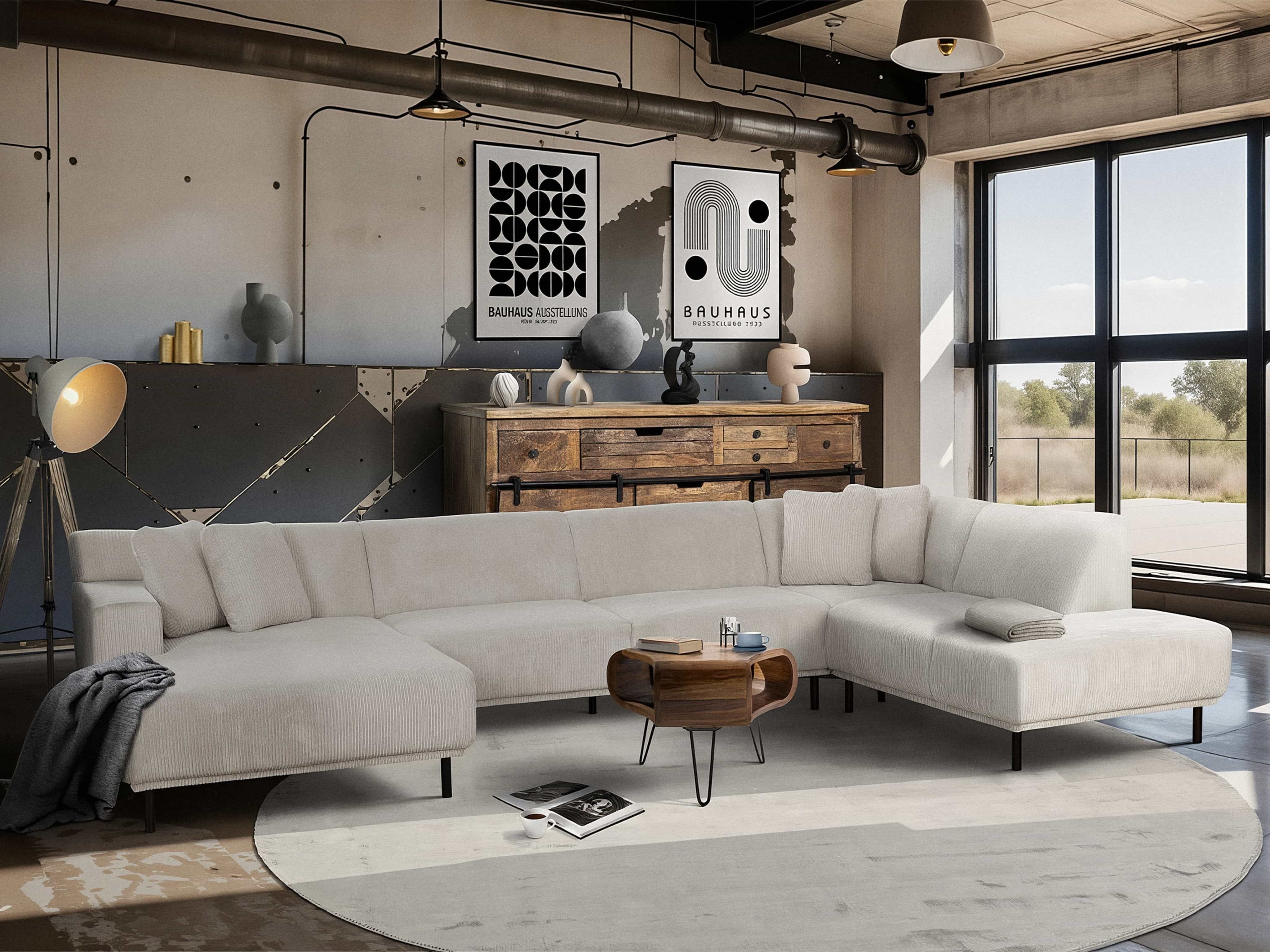 Ecksofa Dakota mit hellbeigem Cordbezug, geradlinigem Design und schwarzen Metallfüßen