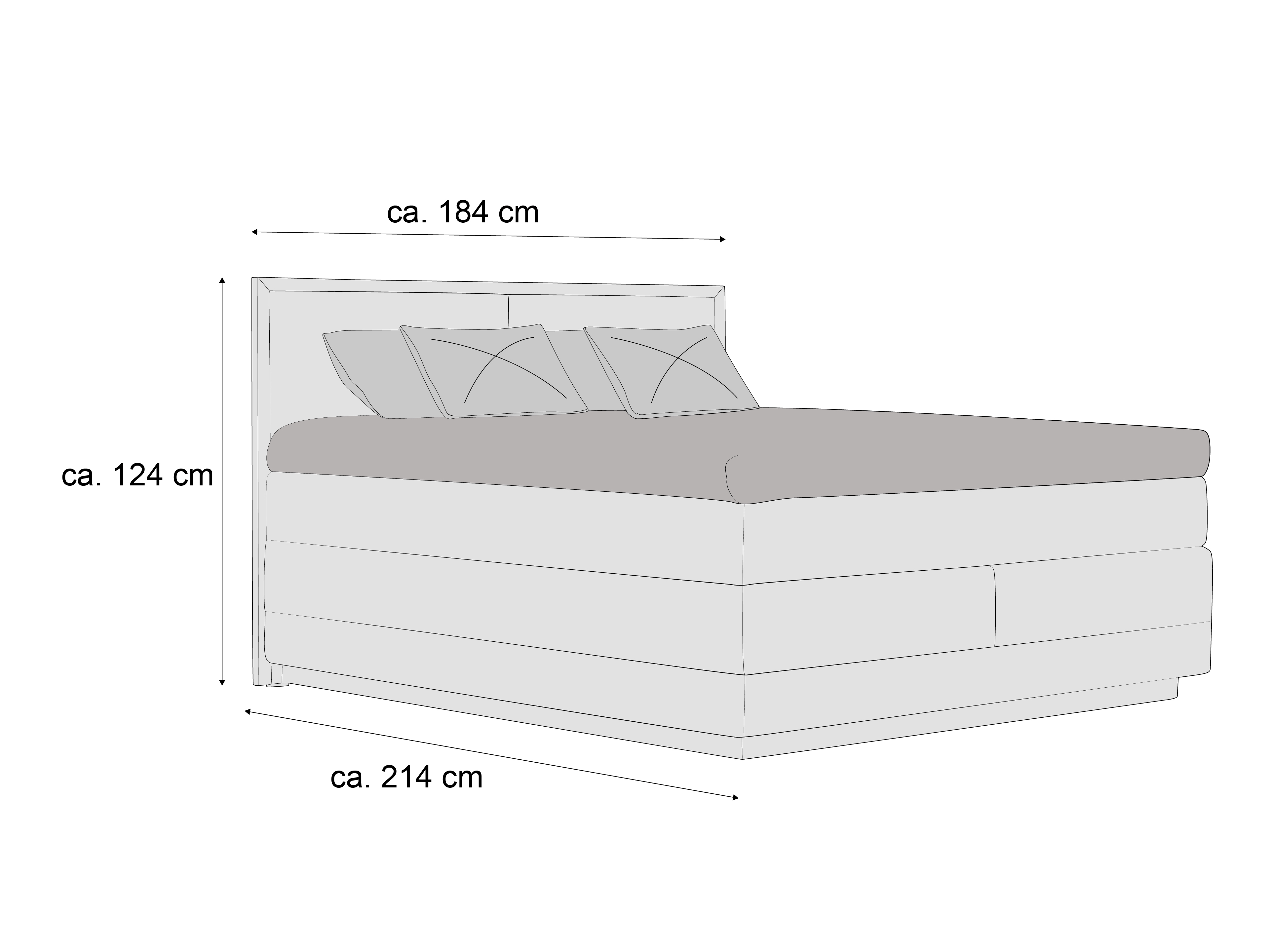 Boxspringbett mit gepolstertem Kopfteil, Rechteckform, helle Farbe, drei Kissen, seitliche Ansicht