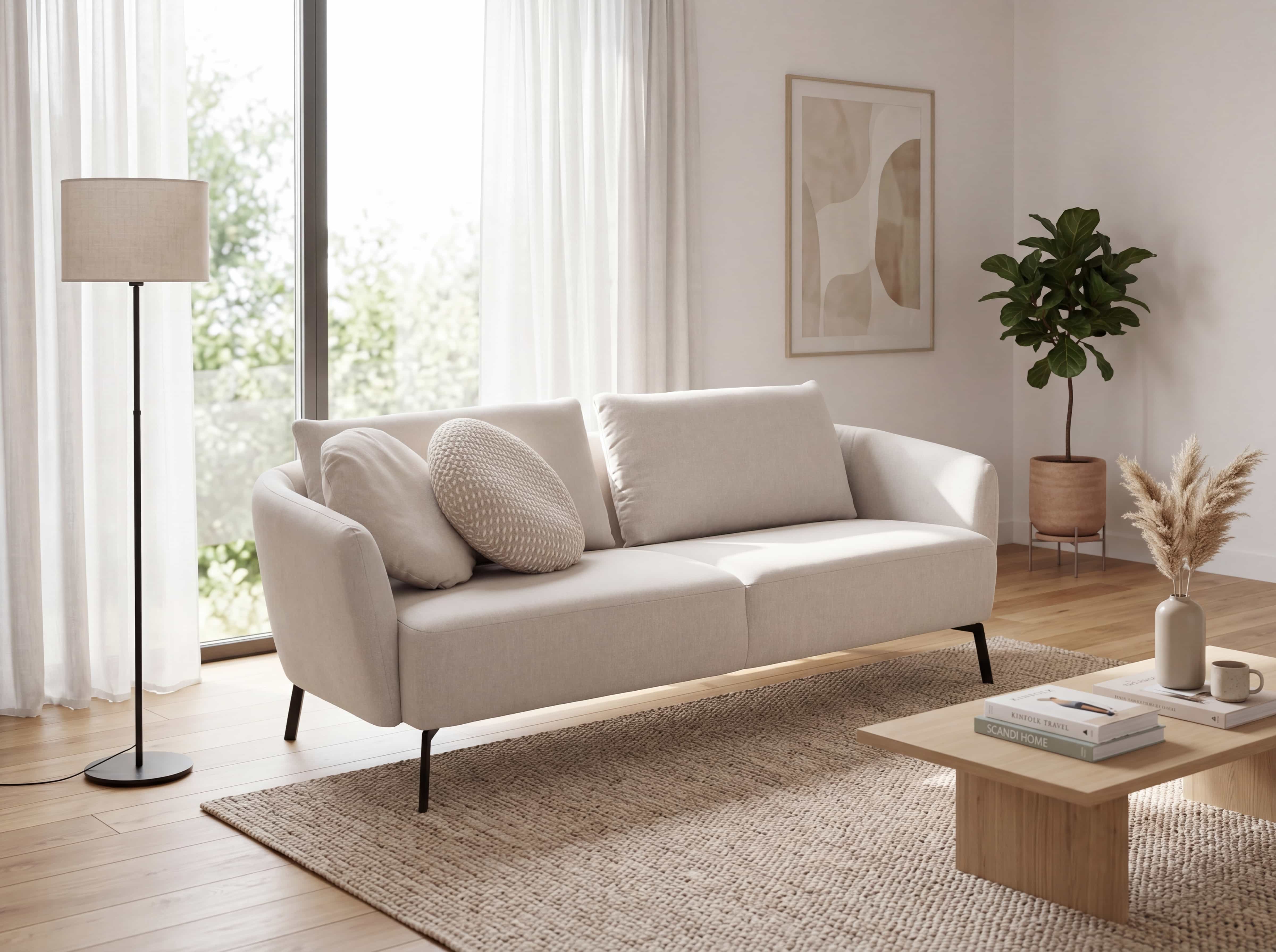 2-Sitzer Sofa Kabs Polsterwelt mit hellbeigem Stoffbezug, schlanken Armlehnen und schwarzen Füßen