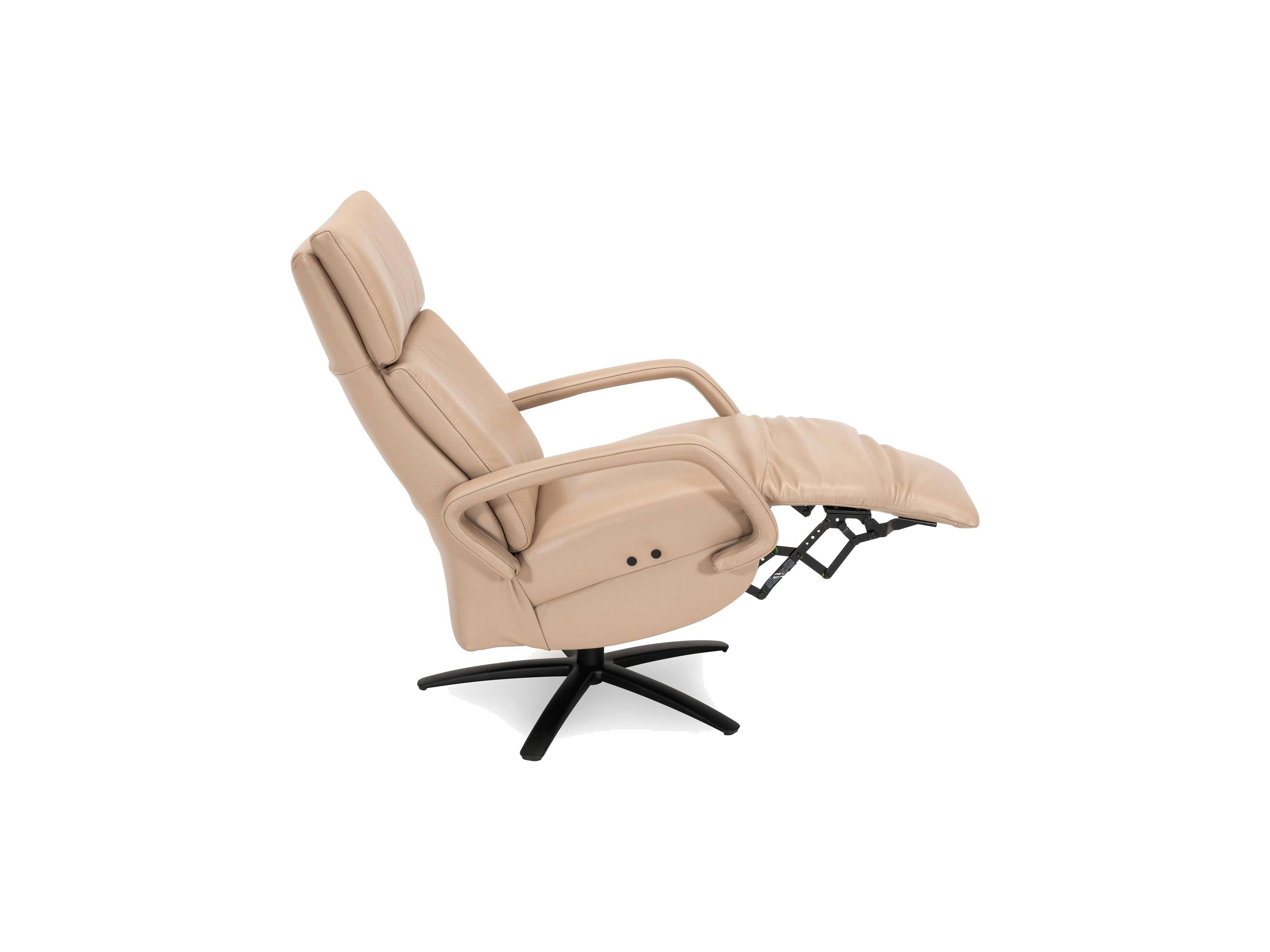 Relaxsessel Kabs, beige Lederbezug, gepolstertes Kopfteil, Armlehnen, schwarzes Drehgestell