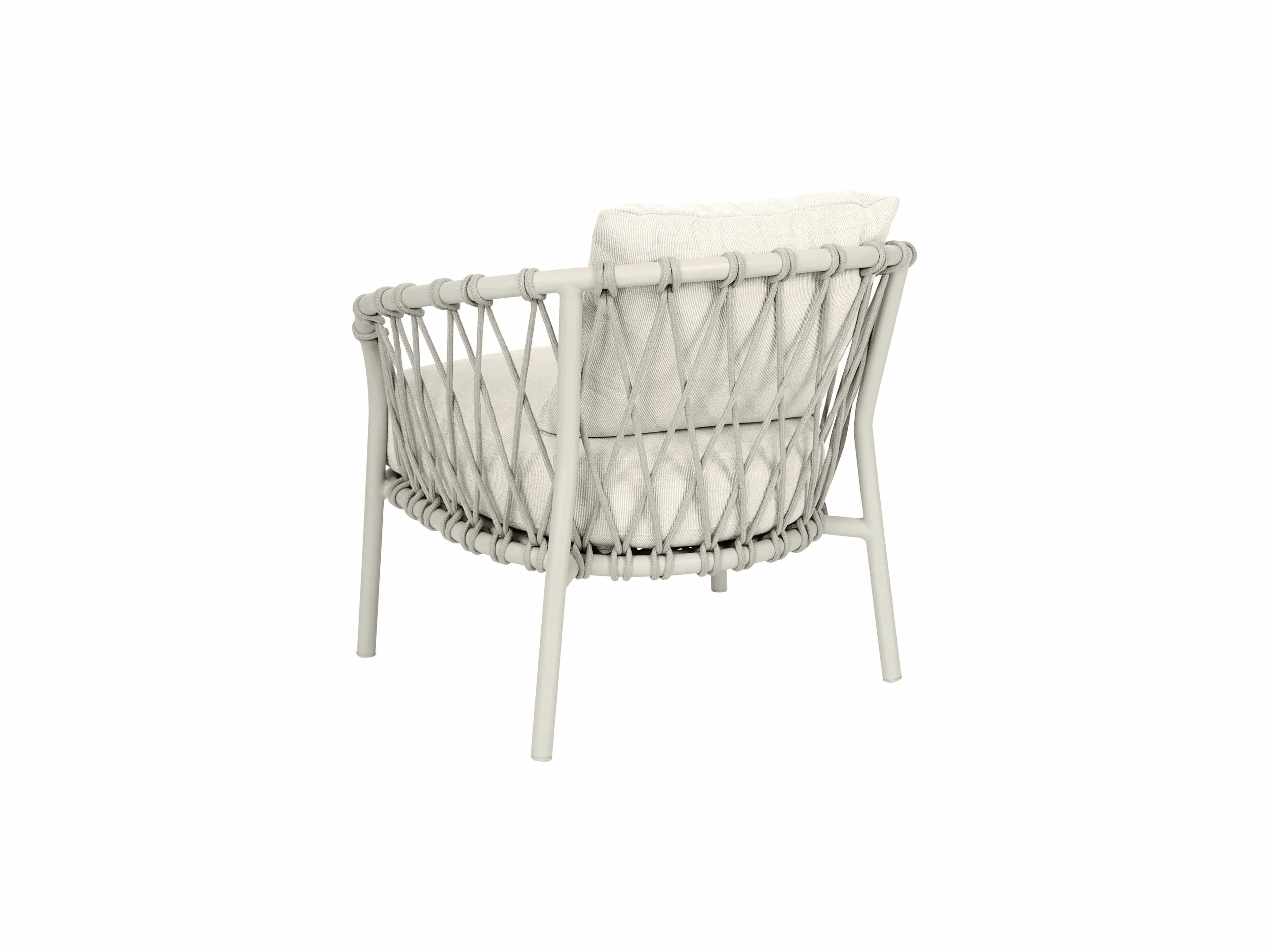 Lounge-Sessel mit rundem Metallgestell in Hellgrau, umlaufender Kordelbespannung und Polsterauflage