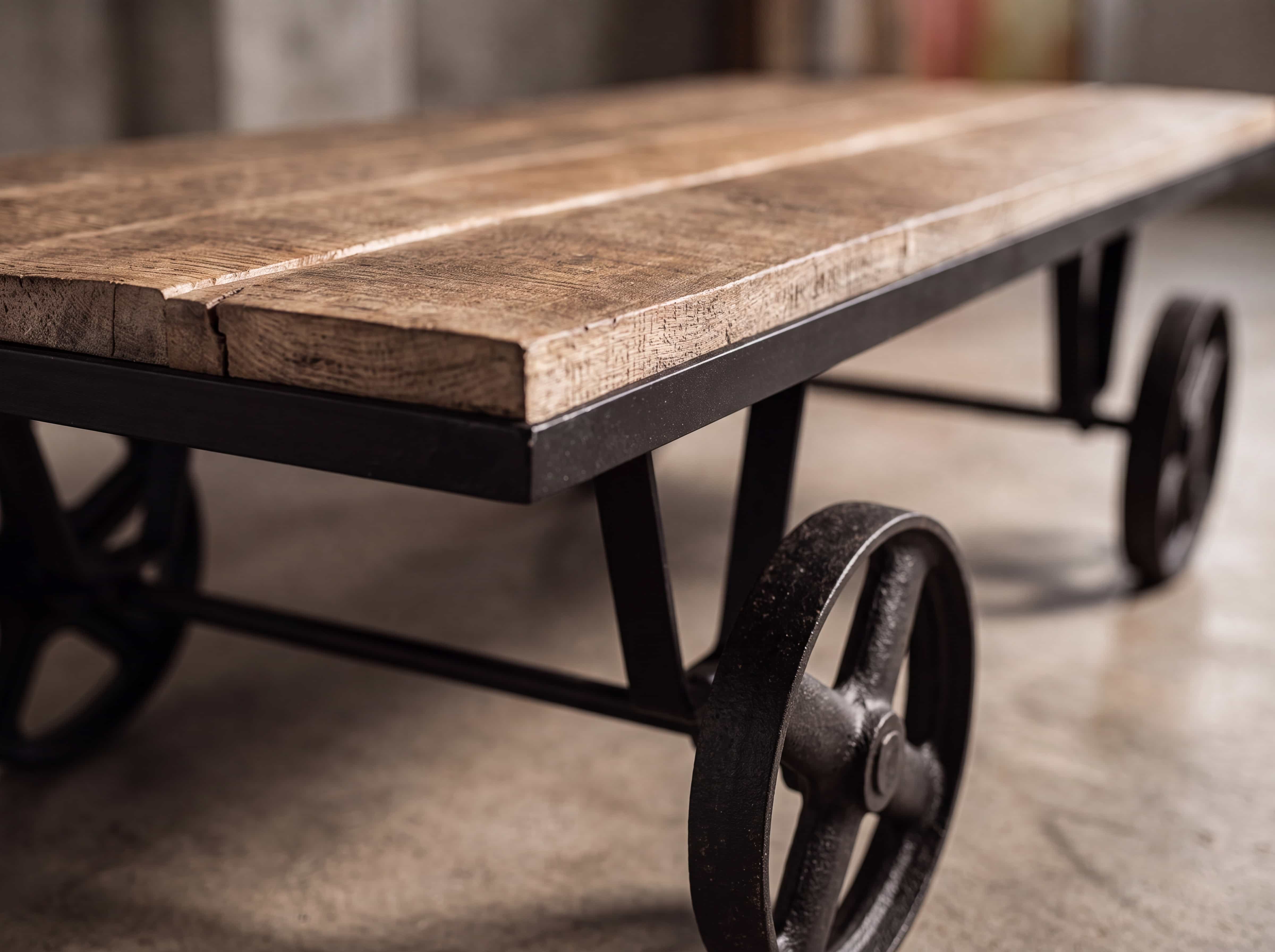 Couchtisch Imonium – Tischplatte aus hellem Holz, schwarzes Metallgestell mit vier sichtbaren Rollen